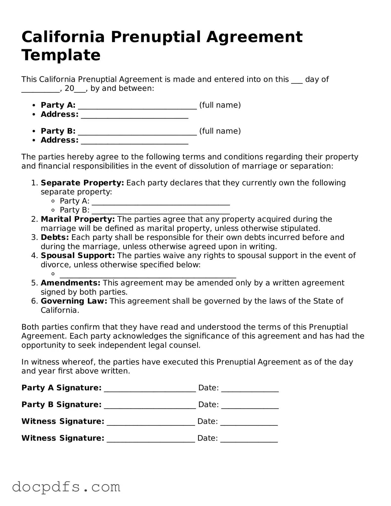 Free California Prenuptial Agreement Form