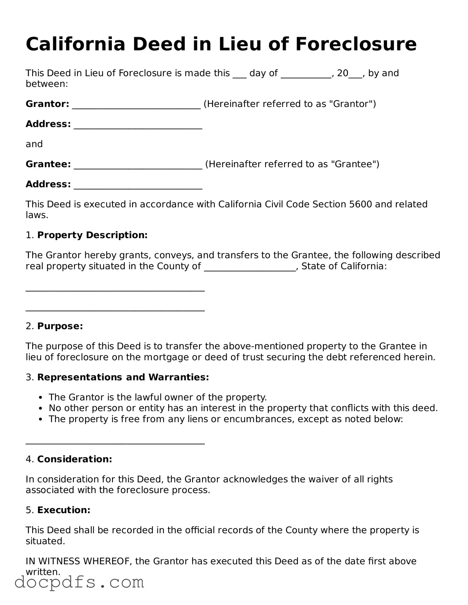 Free California Deed in Lieu of Foreclosure Form