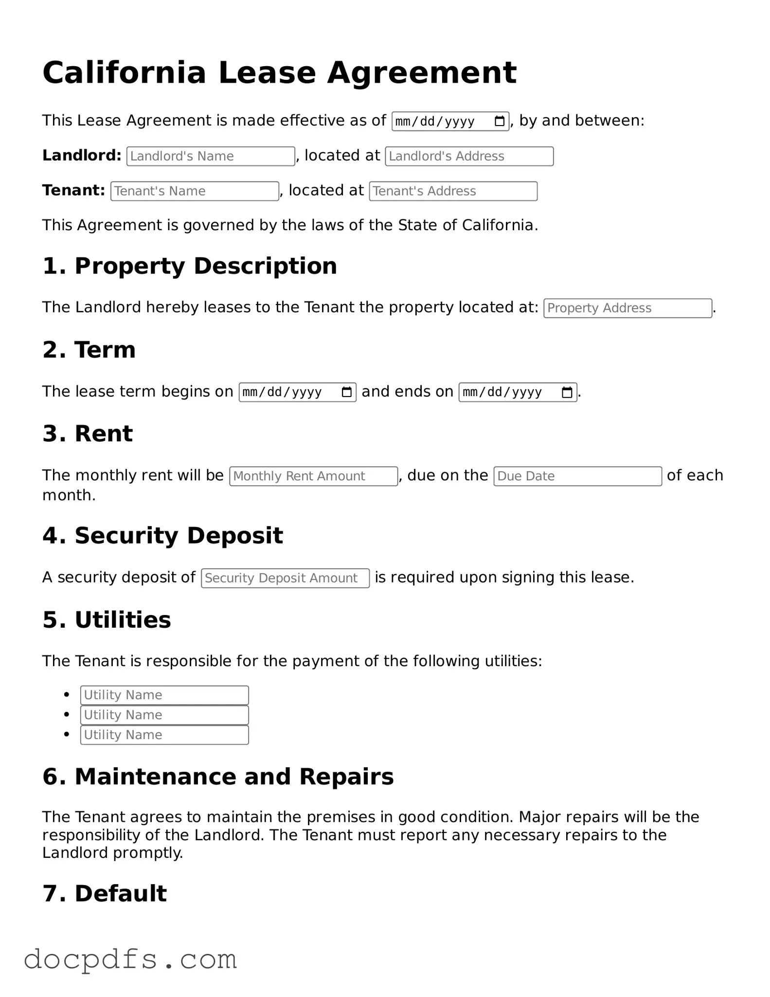 Free California Lease Agreement Form