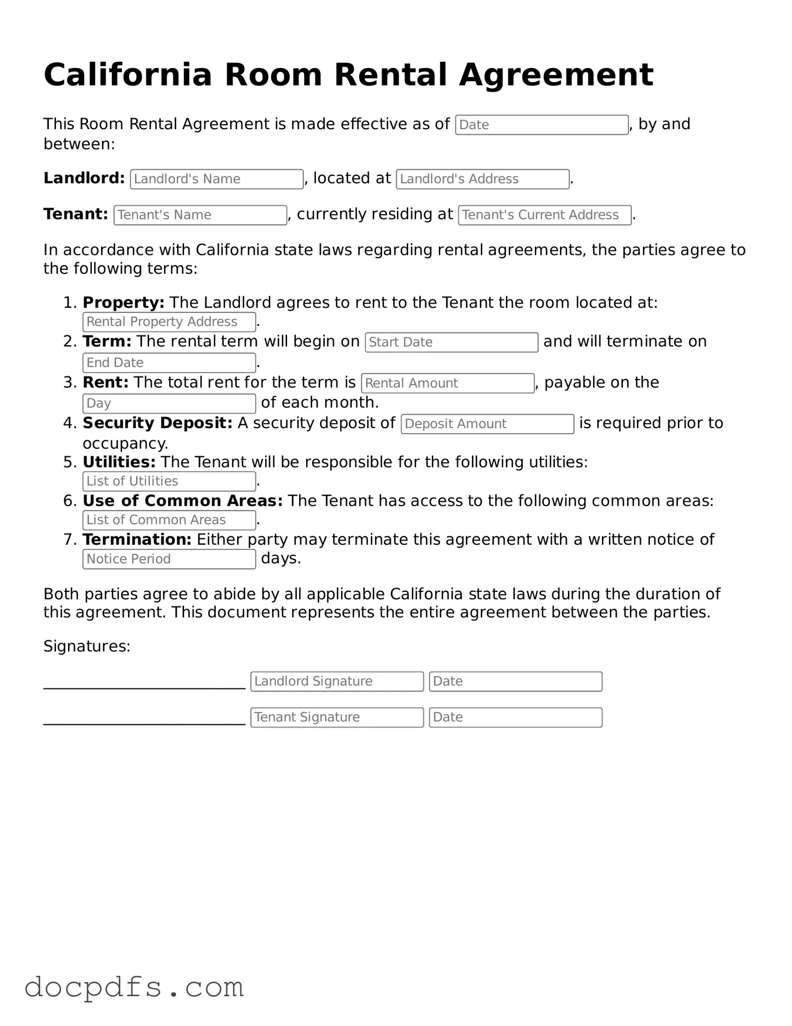Free California Room Rental Agreement Form