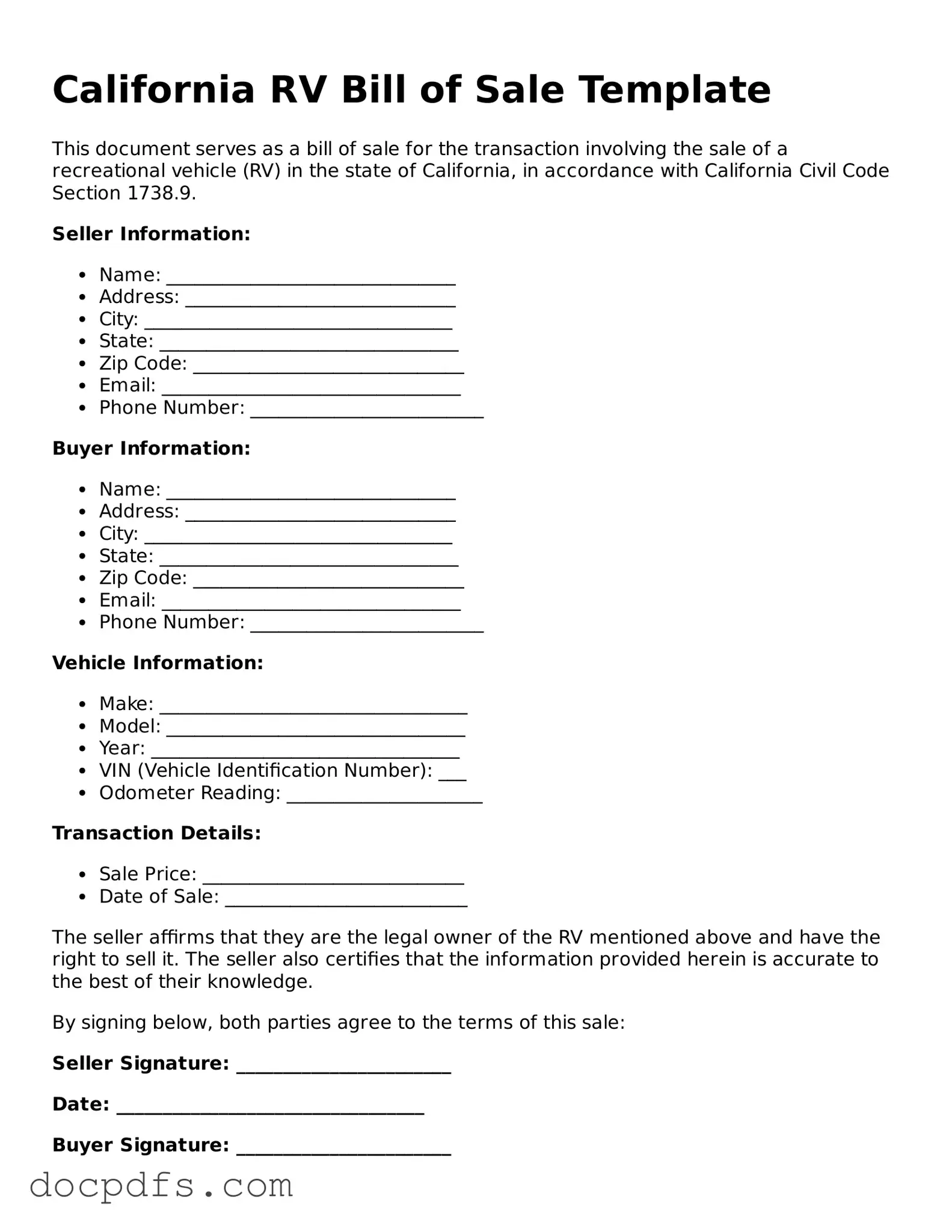 Free California RV Bill of Sale Form