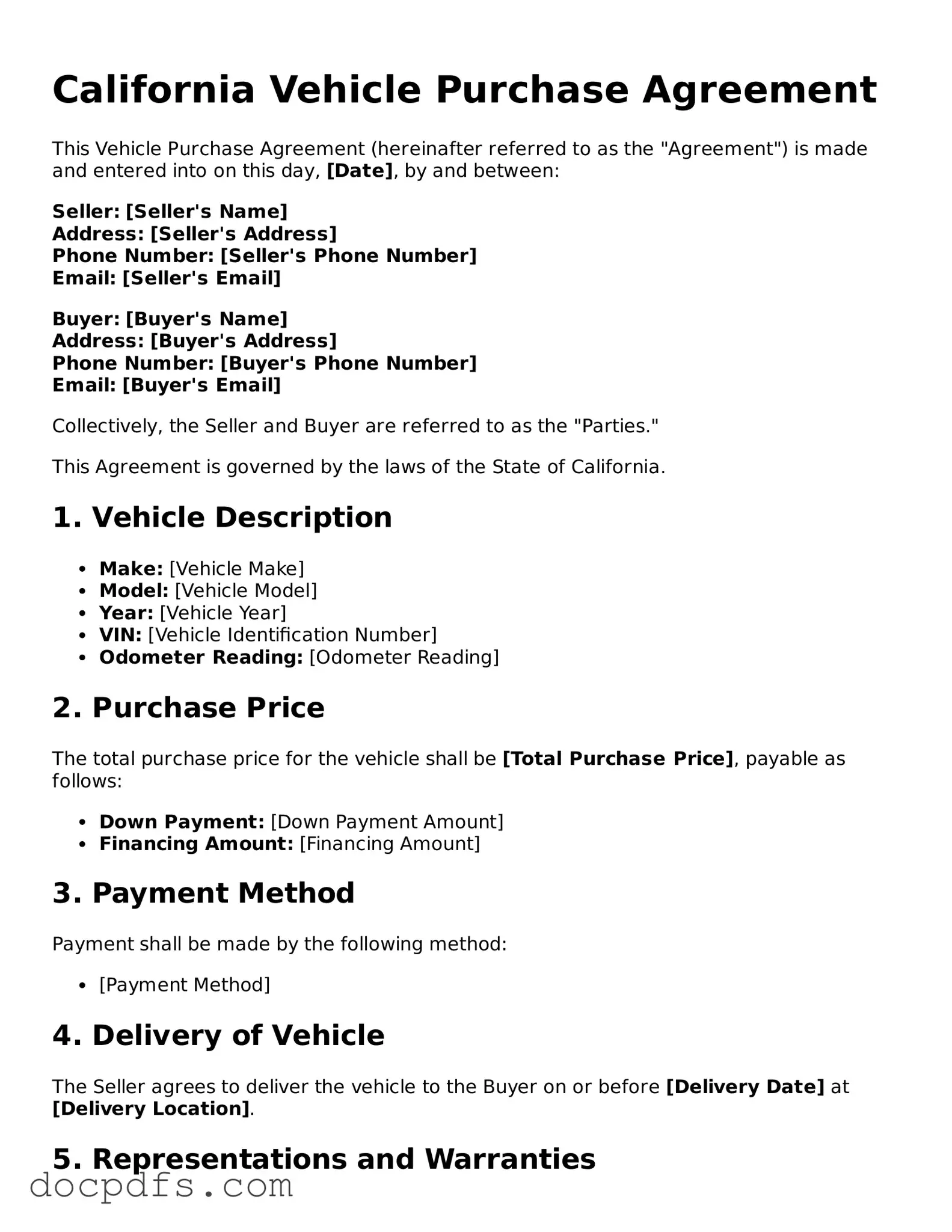 Free California Vehicle Purchase Agreement Form