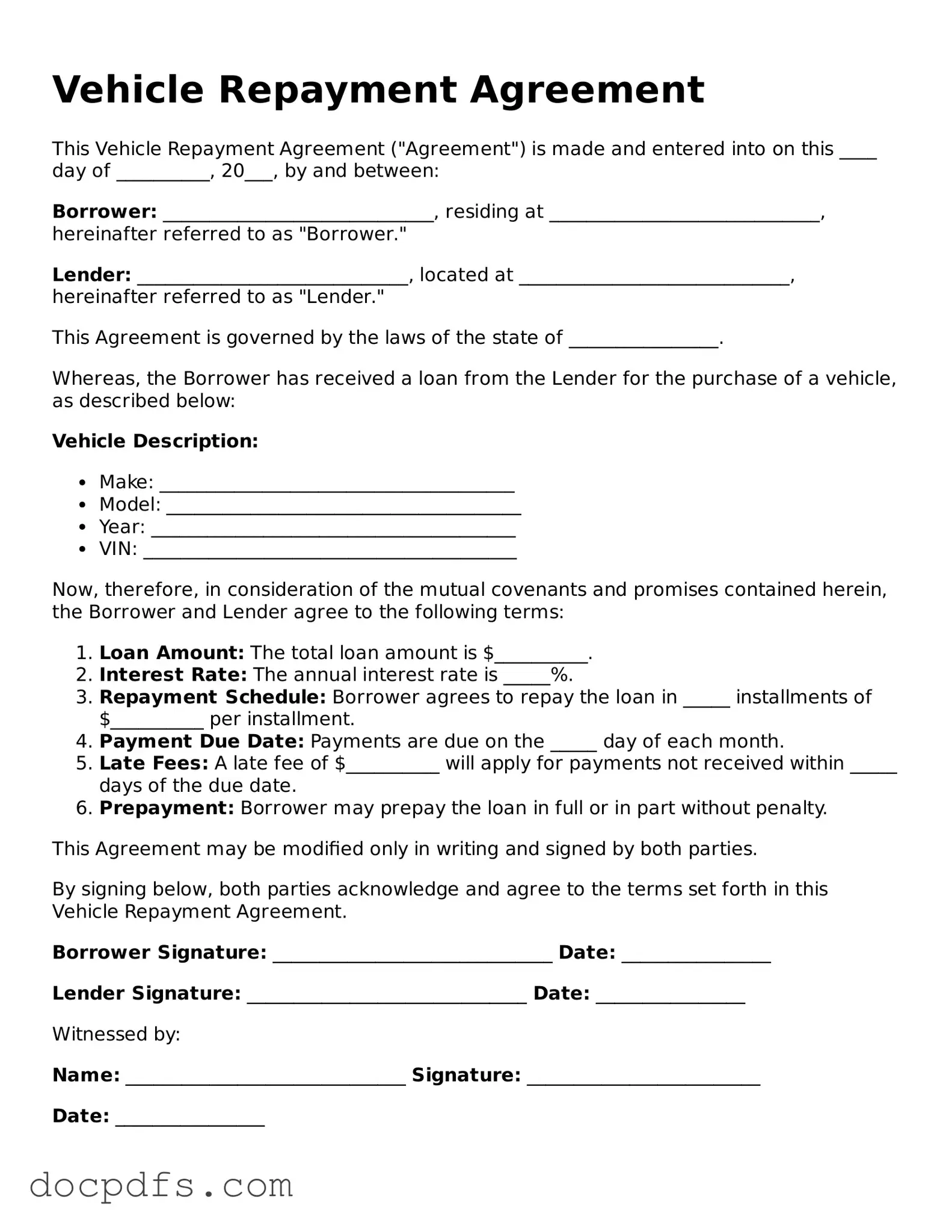Legal Vehicle Repayment Agreement Document