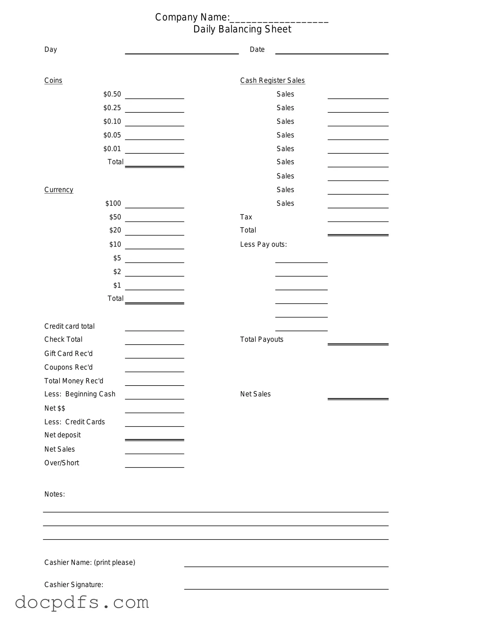 Cash Drawer Count Sheet Template in PDF