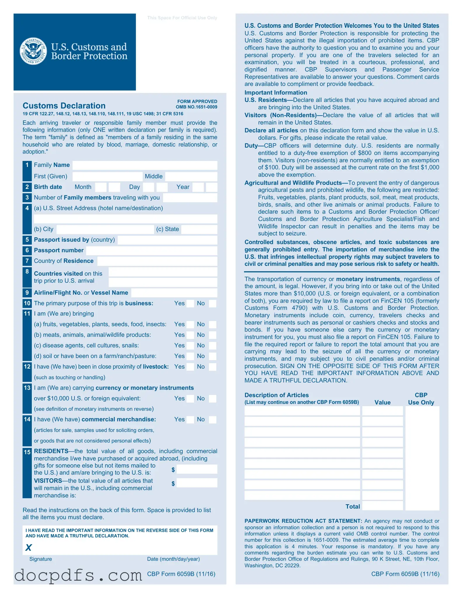 CBP 6059B Template in PDF