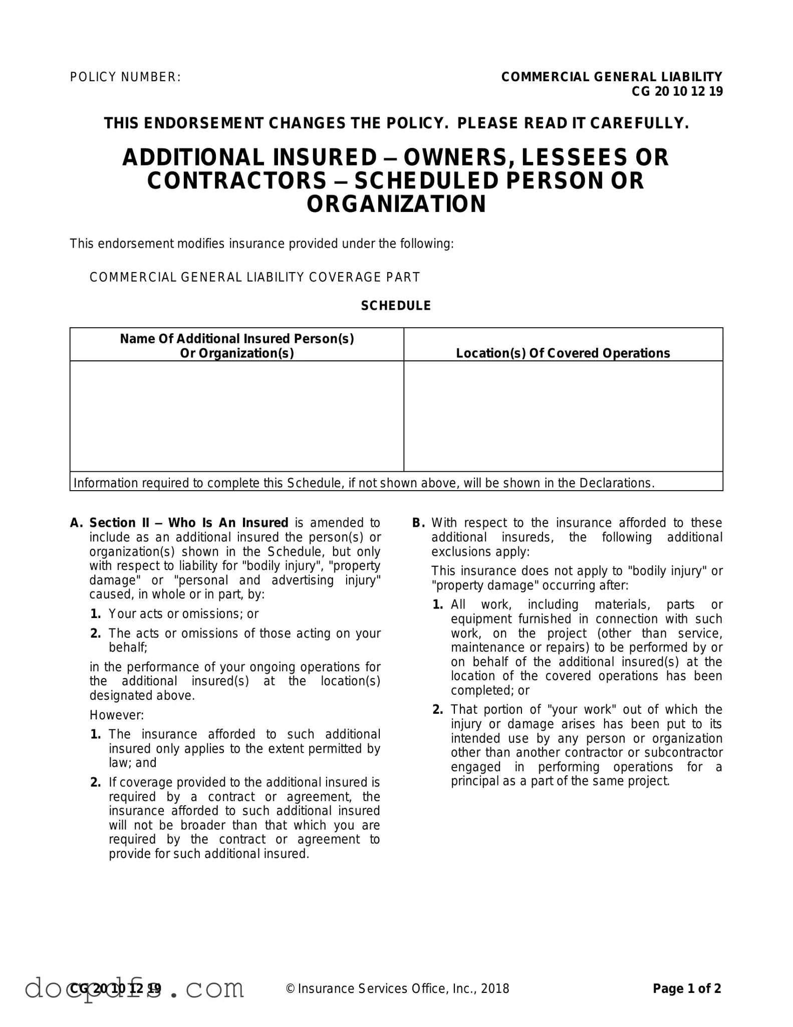 Cg 20 10 07 04 Liability Endorsement Template in PDF