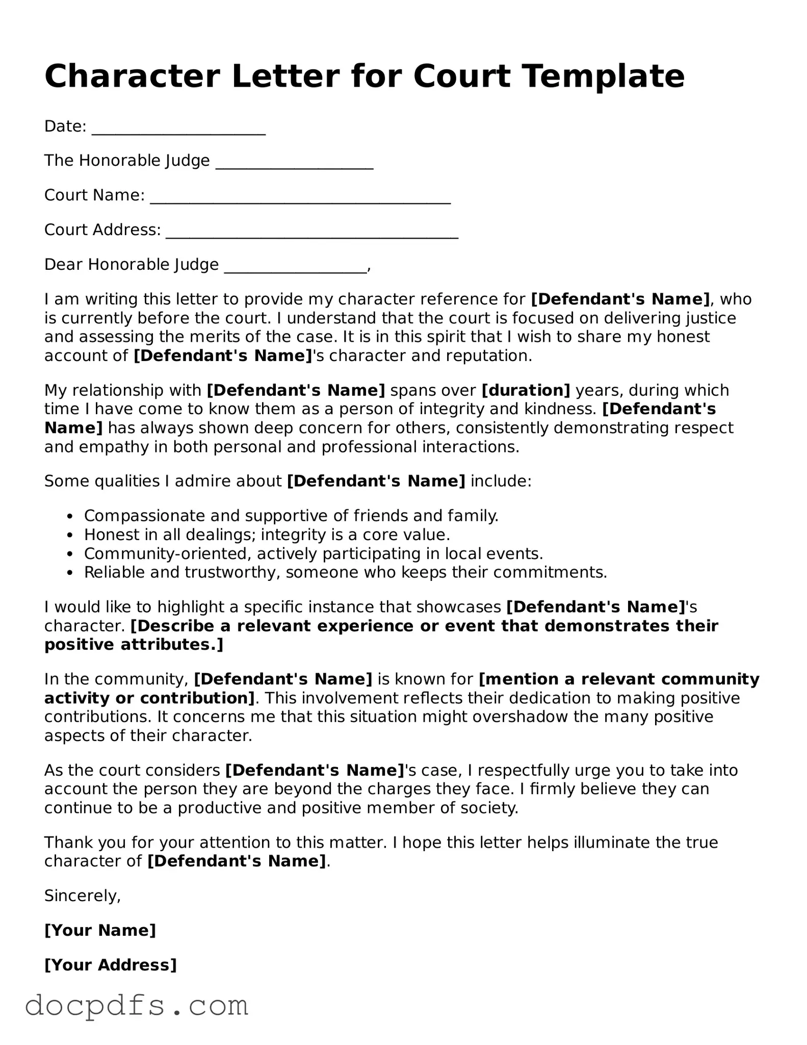 Legal Character Letter for Court Document