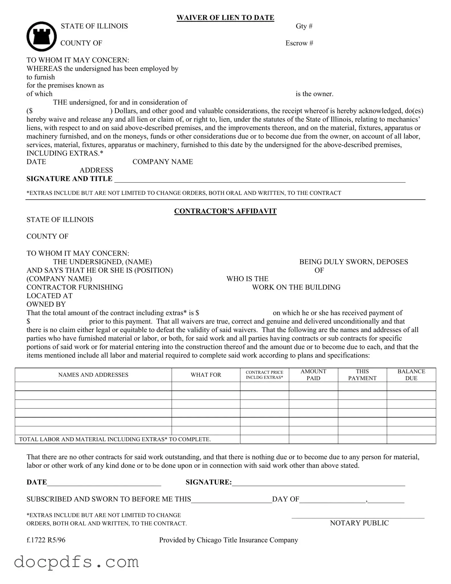 Chicago Title Waiver Format Template in PDF