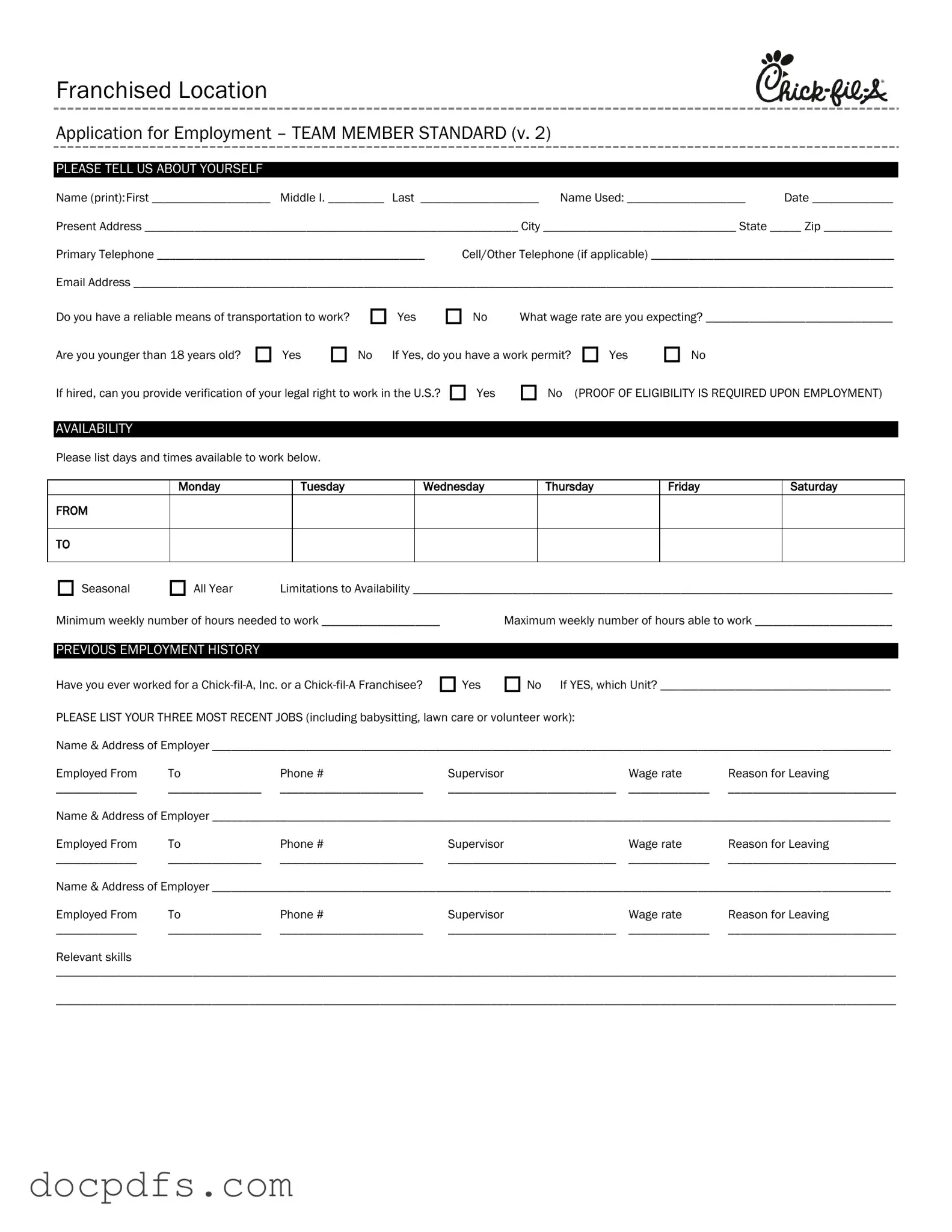 Chick Fil A Job Application Template in PDF