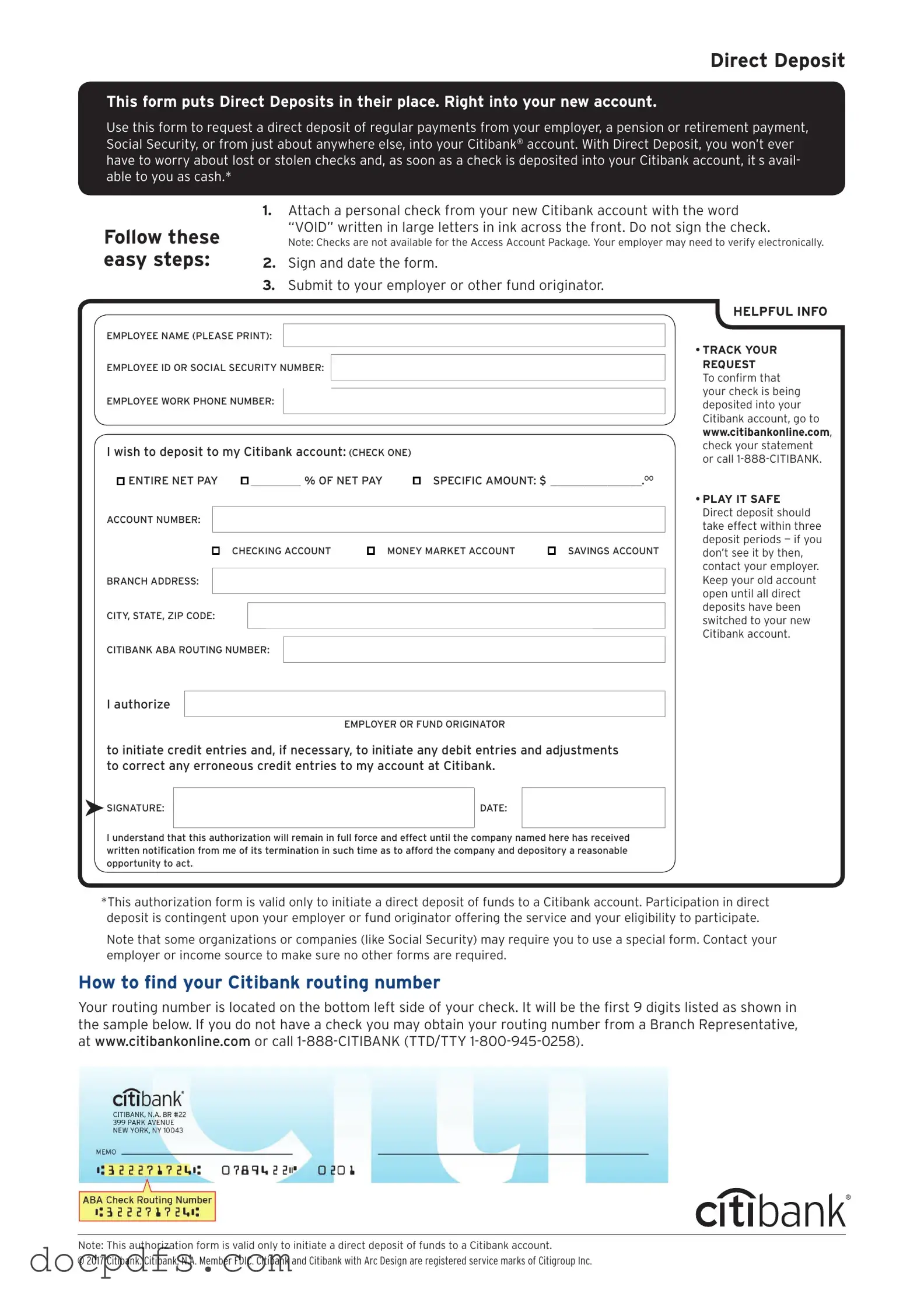 Citibank Direct Deposit Template in PDF