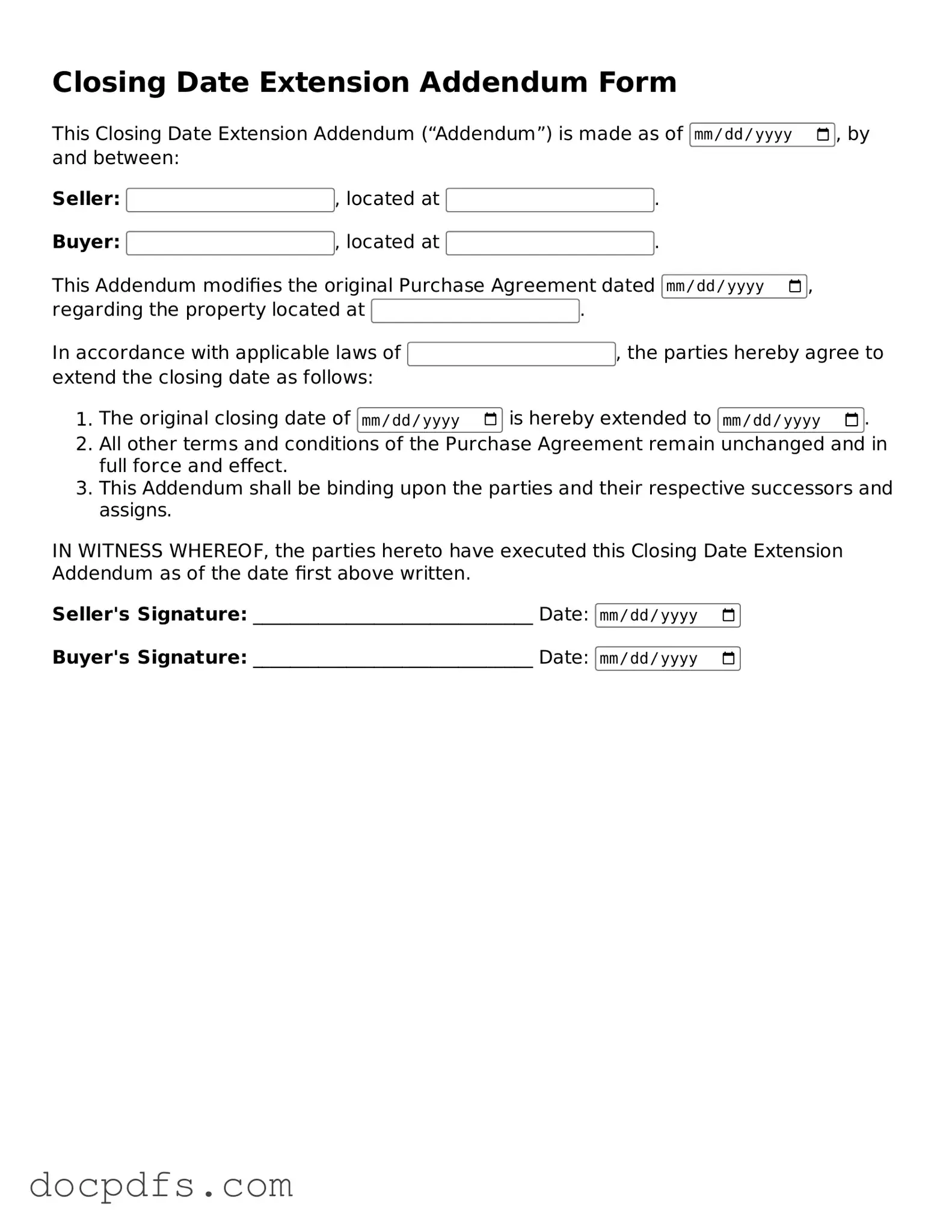 Legal Closing Date Extension Addendum Form Document