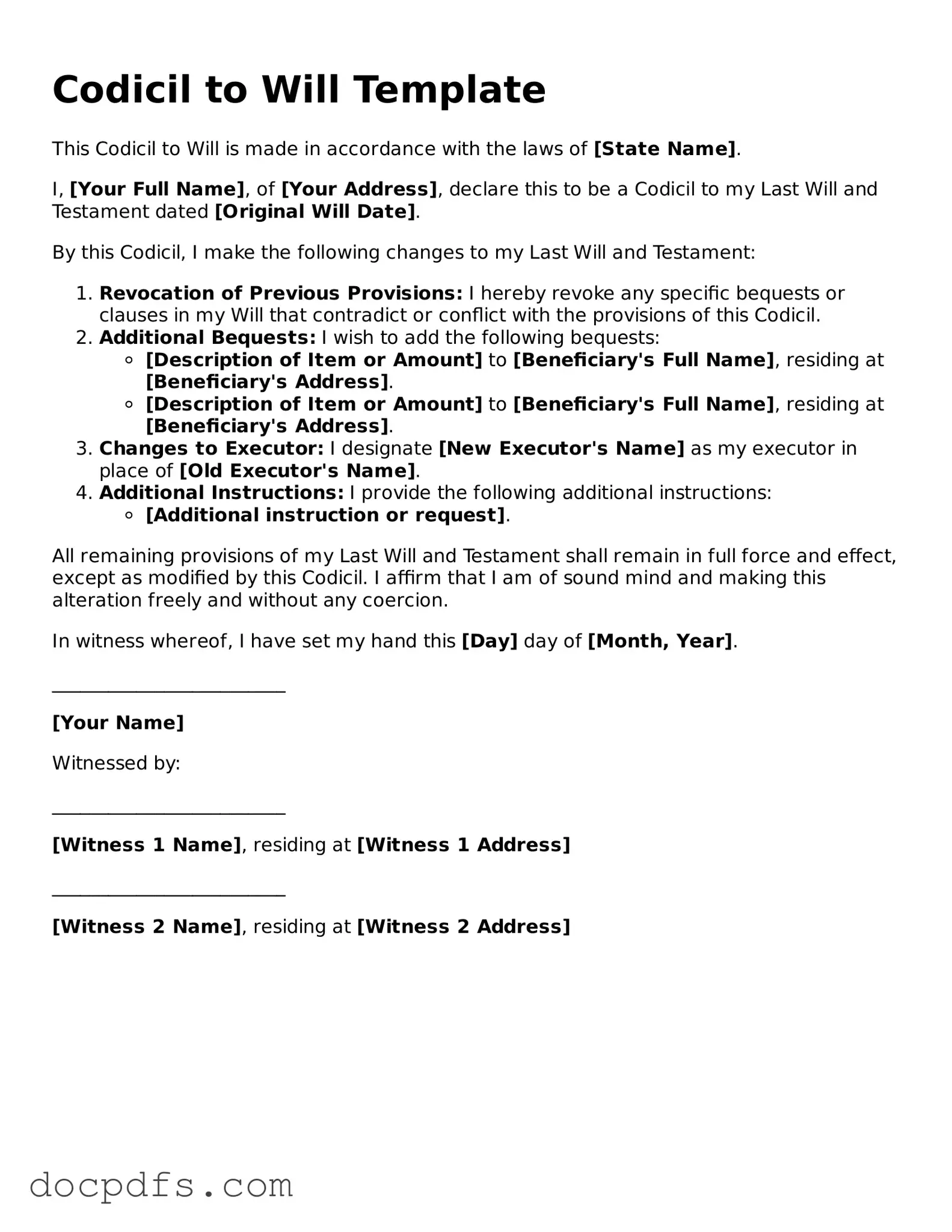 Legal Codicil to Will Document