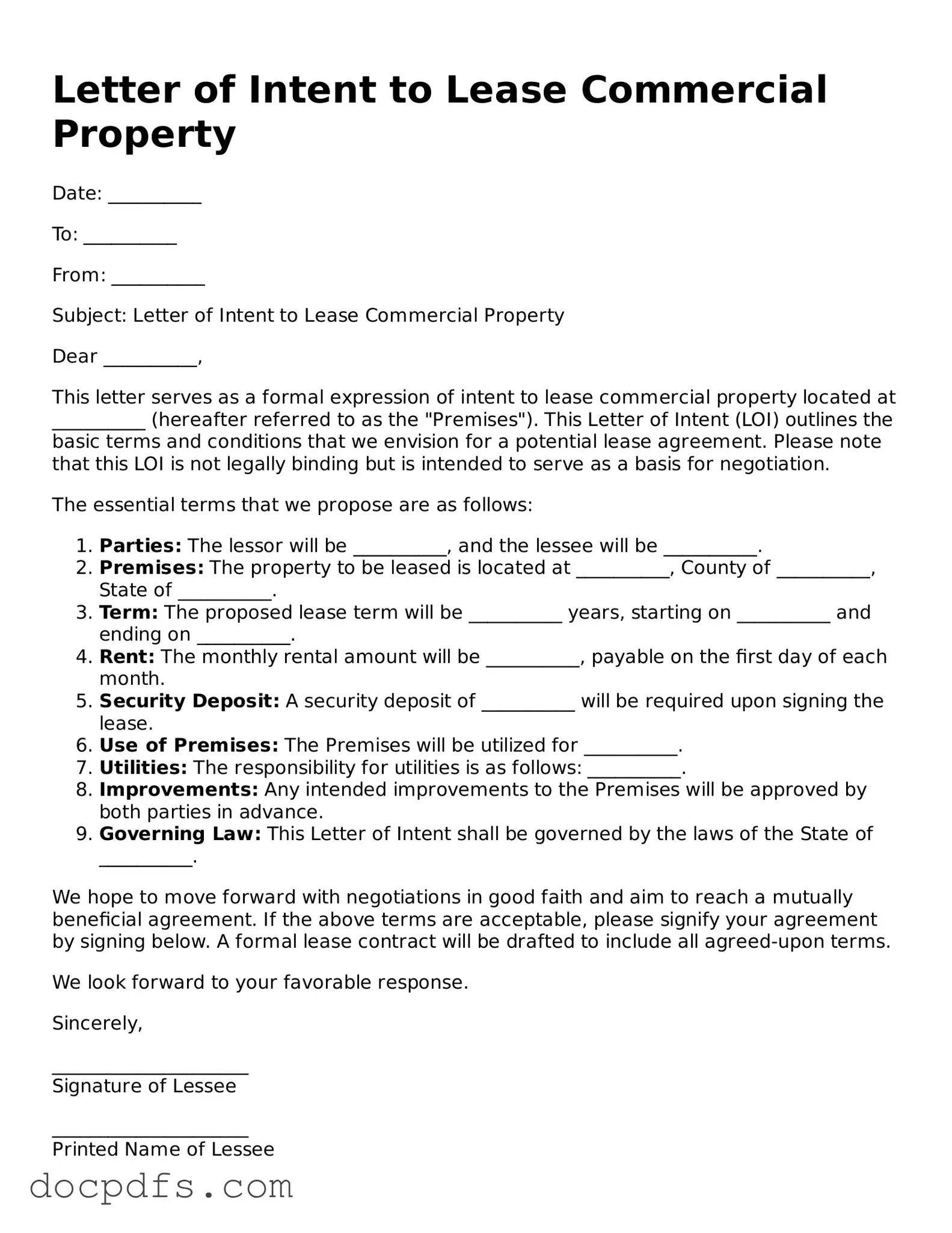 Legal Letter of Intent to Lease Commercial Property Document