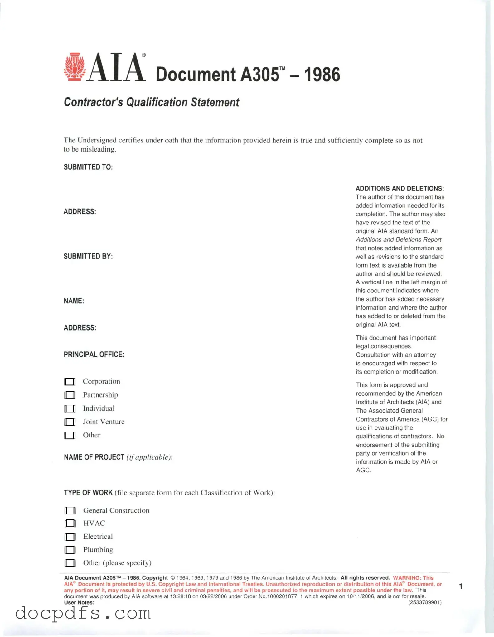 AIA A305 Template in PDF