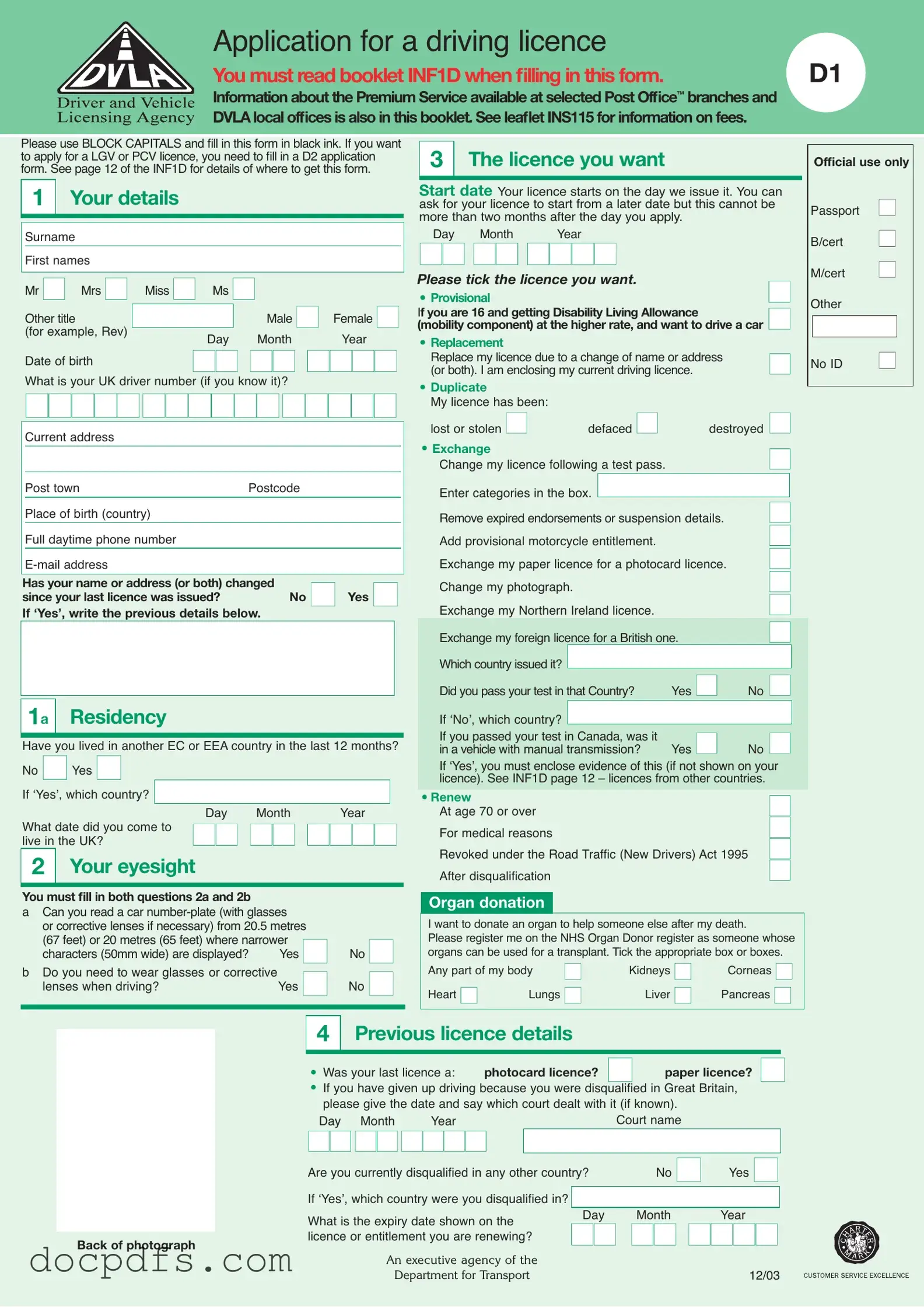 D1 Dvla Template in PDF