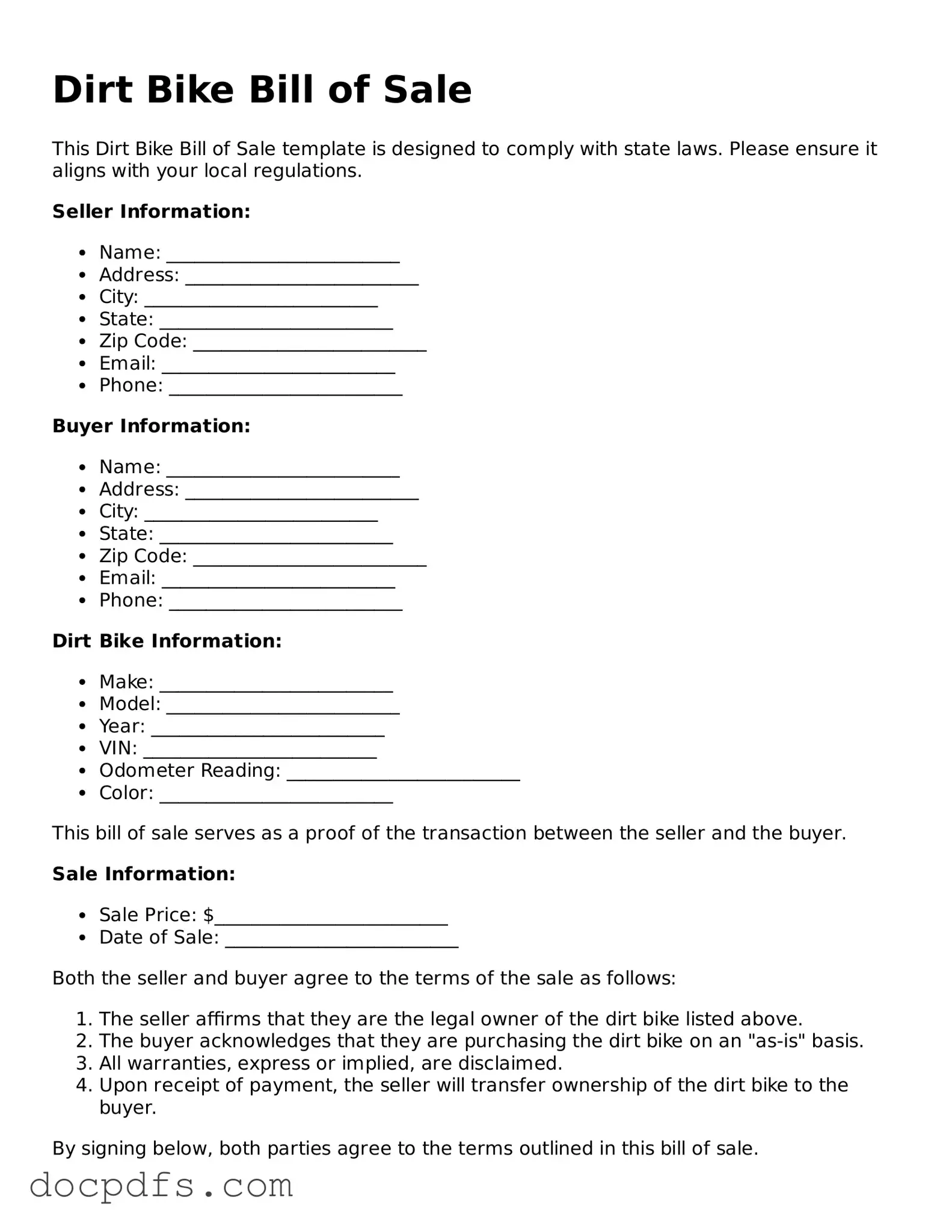 Legal Dirt Bike Bill of Sale Document