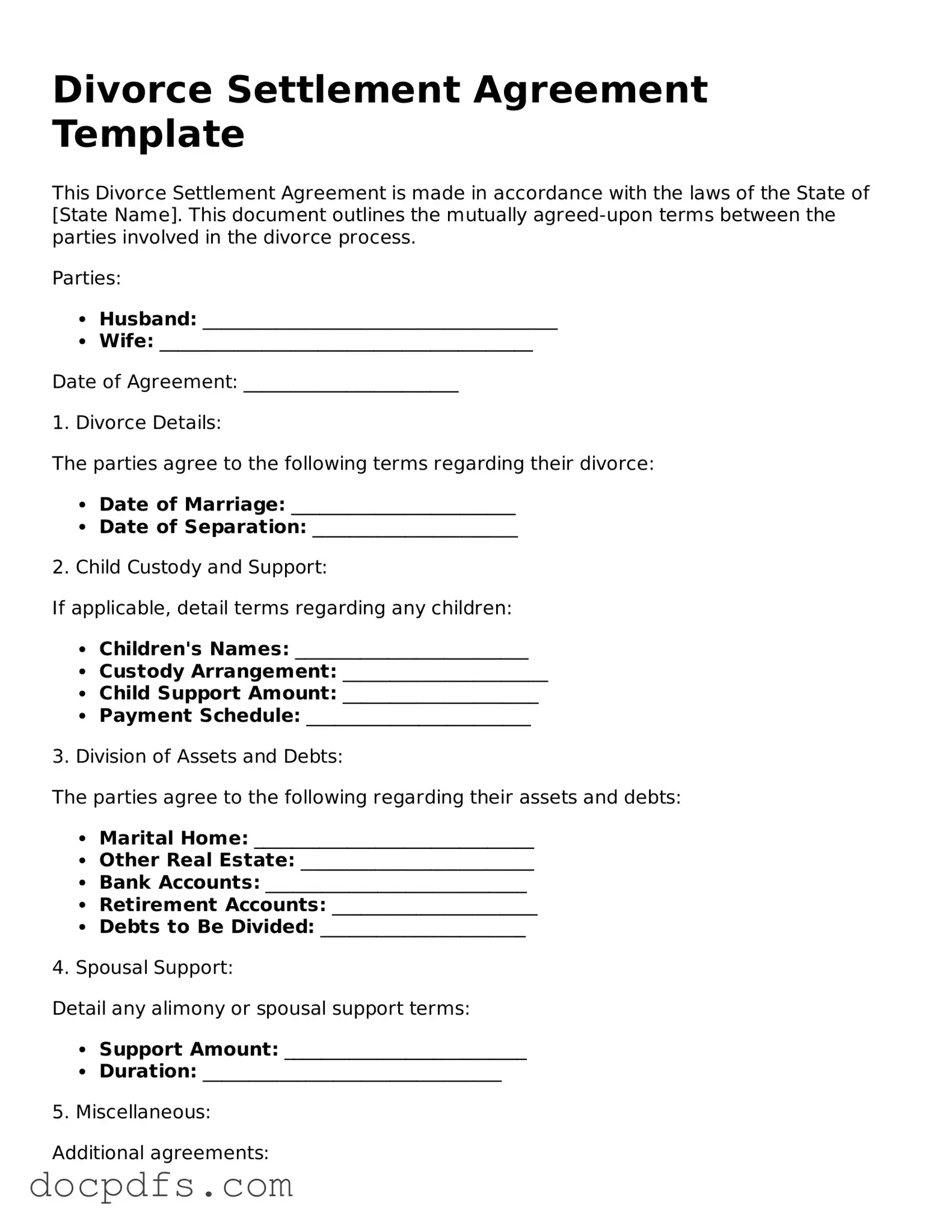 Legal Divorce Settlement Agreement Document