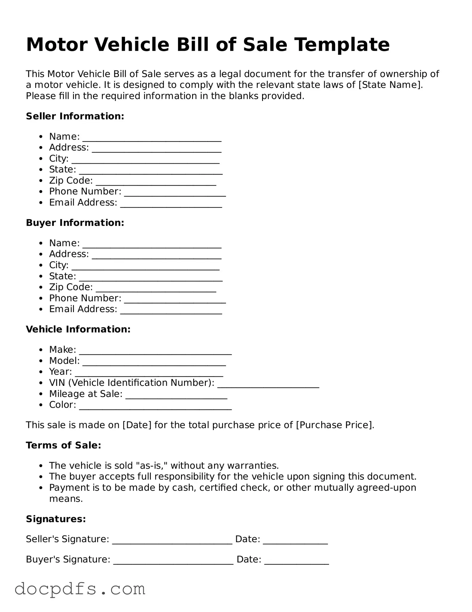 Legal Motor Vehicle Bill of Sale Document