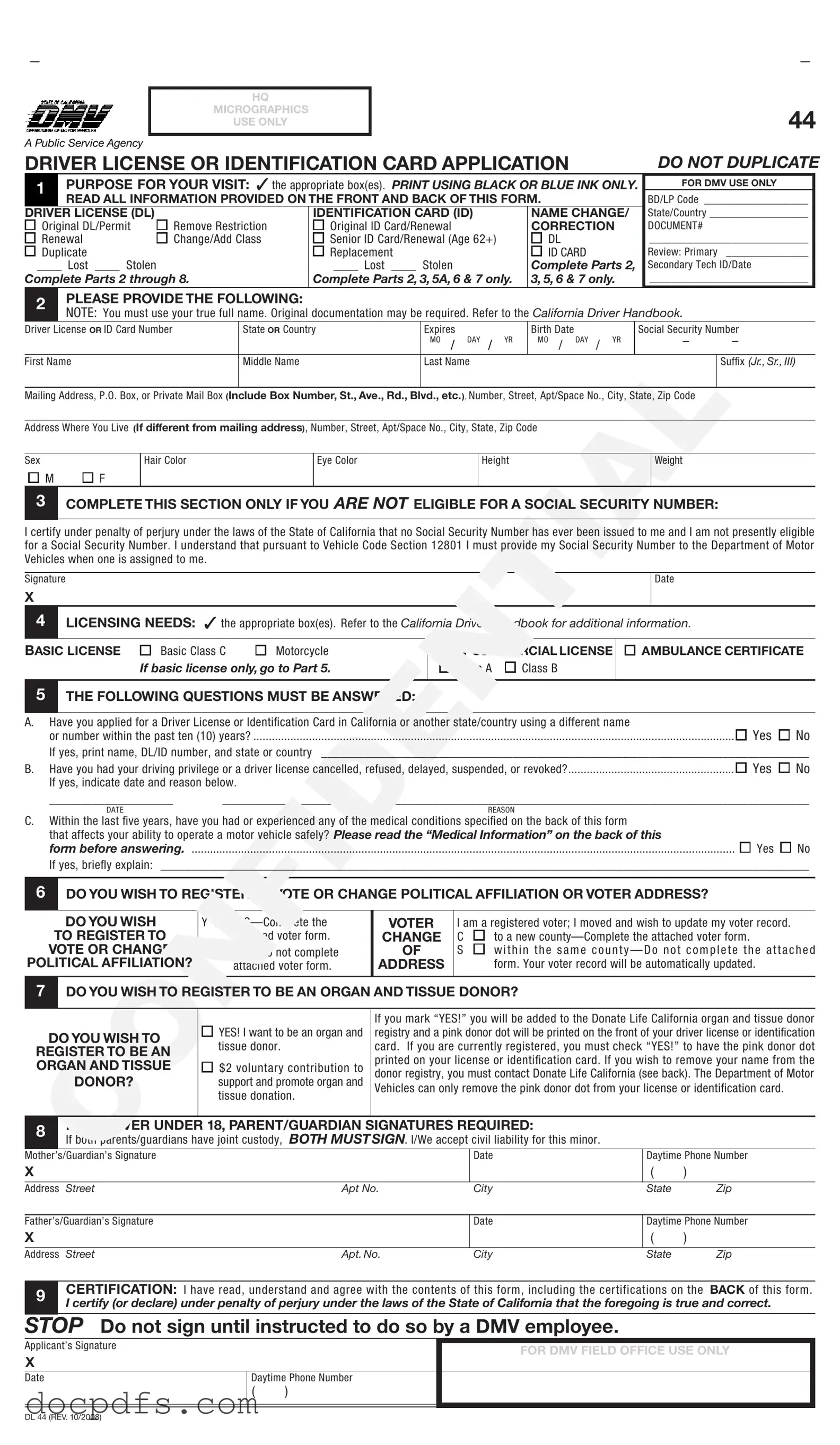 Ca Dmv Dl 44 Template in PDF