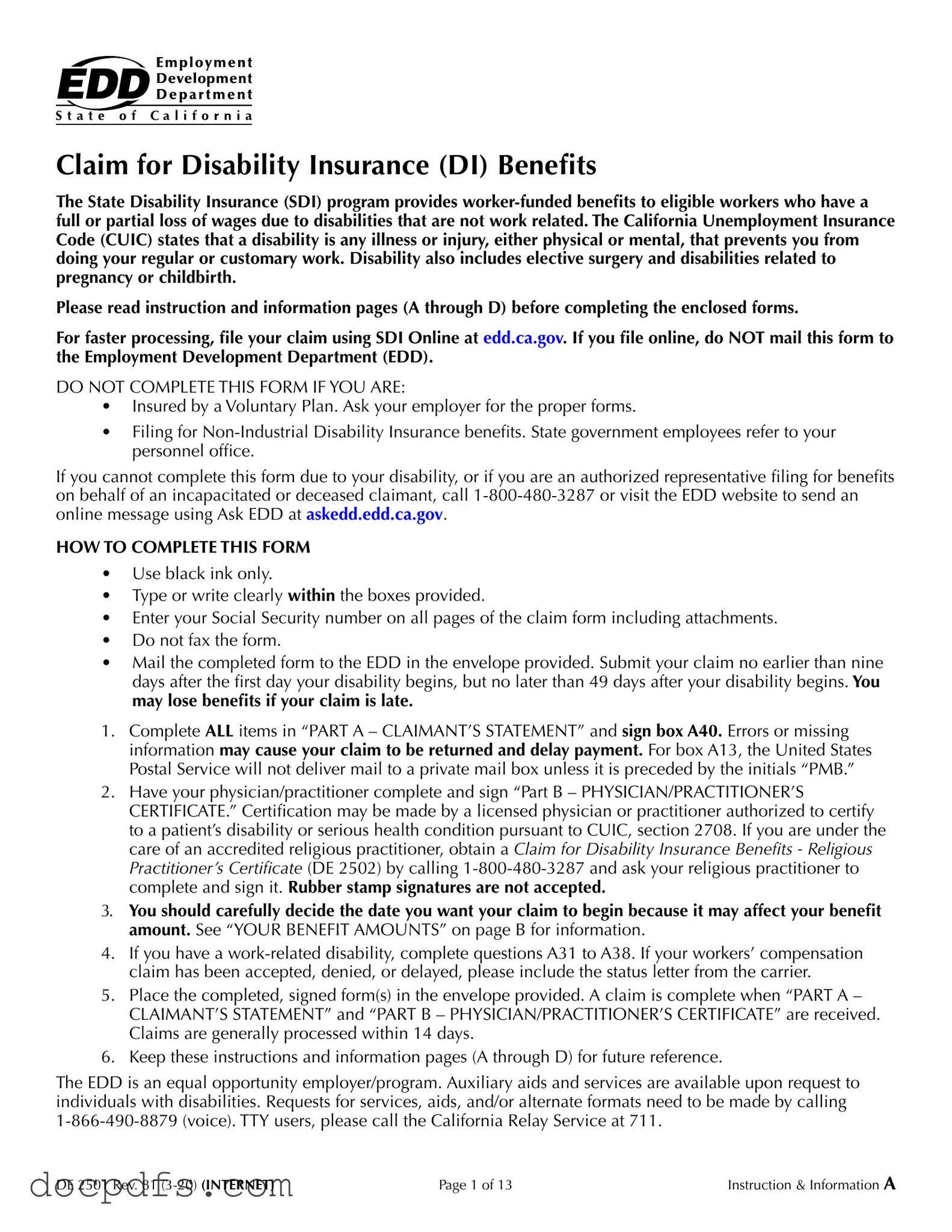 EDD DE 2501 Template in PDF