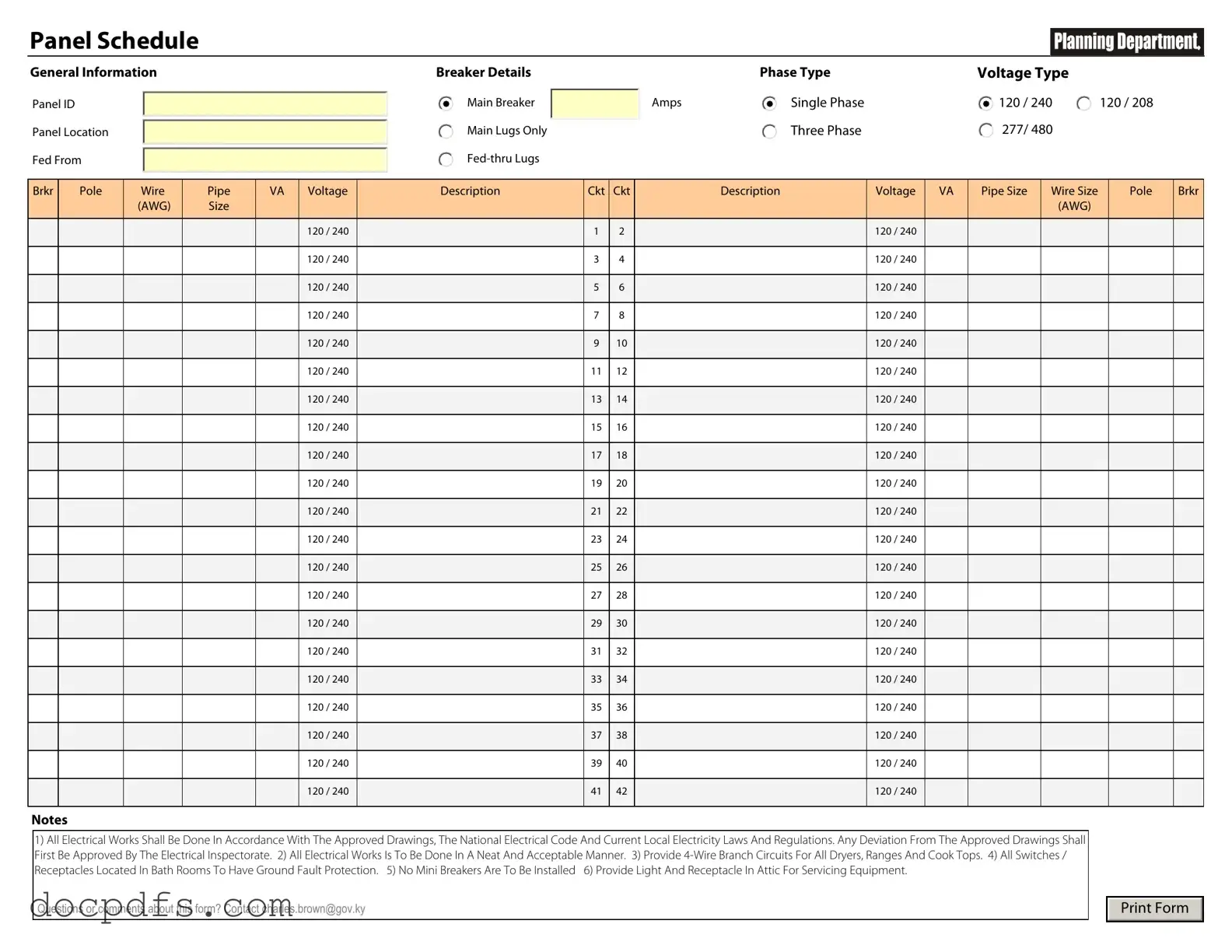 Electrical Panel Schedule Template in PDF