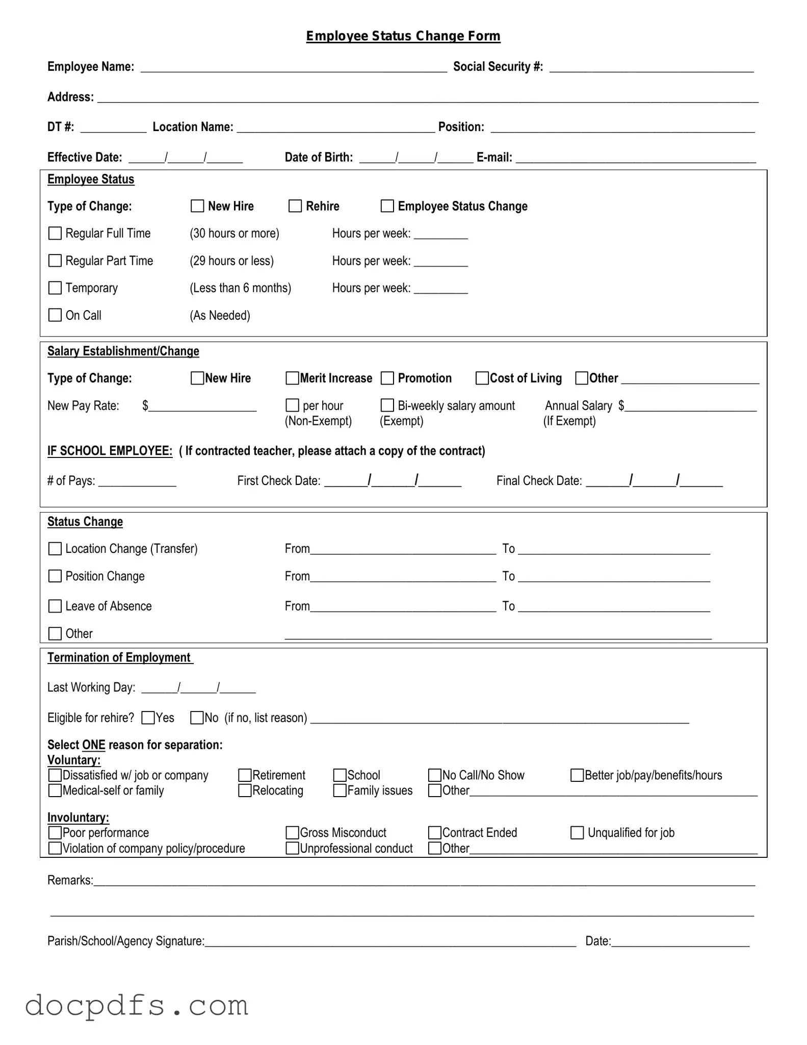 Employee Status Change Template in PDF