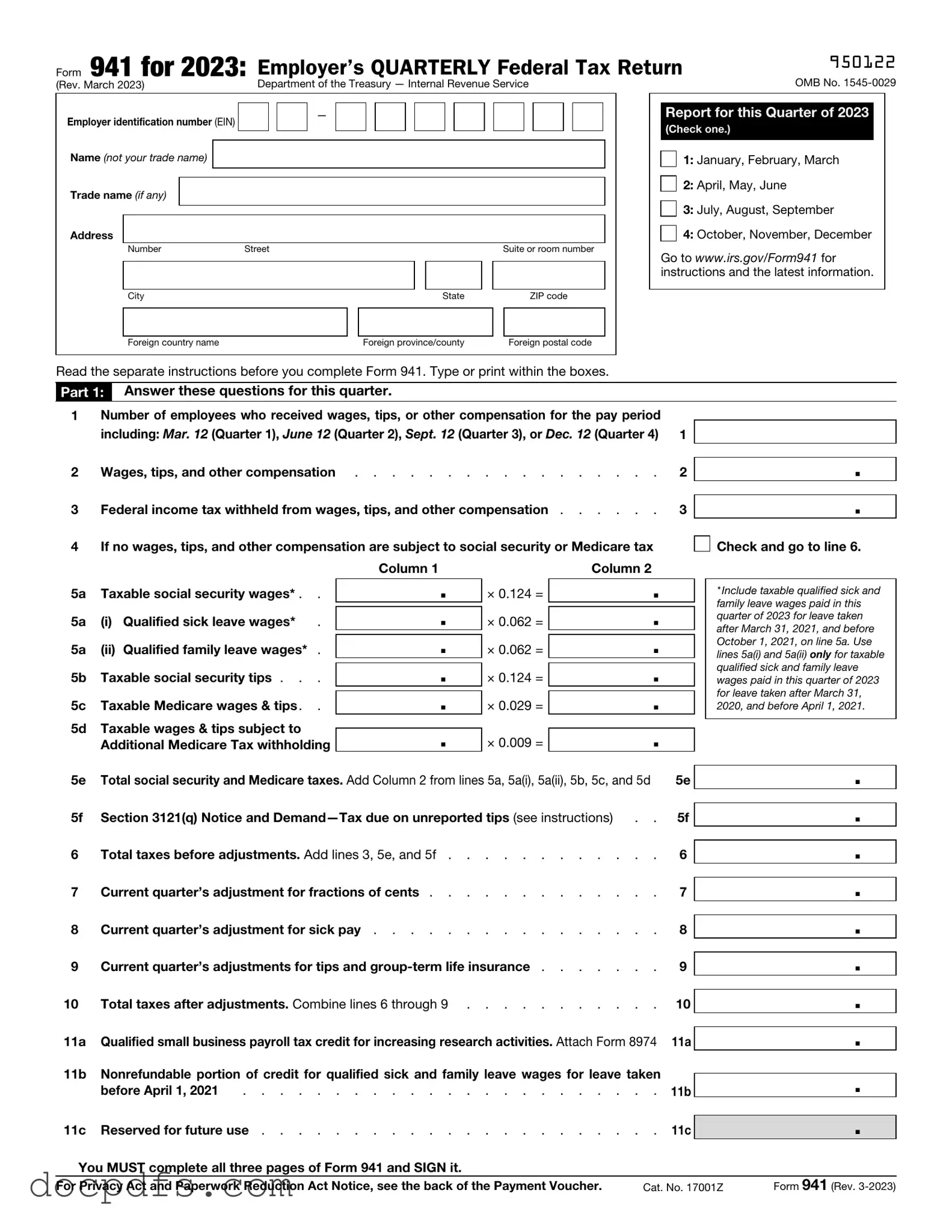 IRS 941 Template in PDF