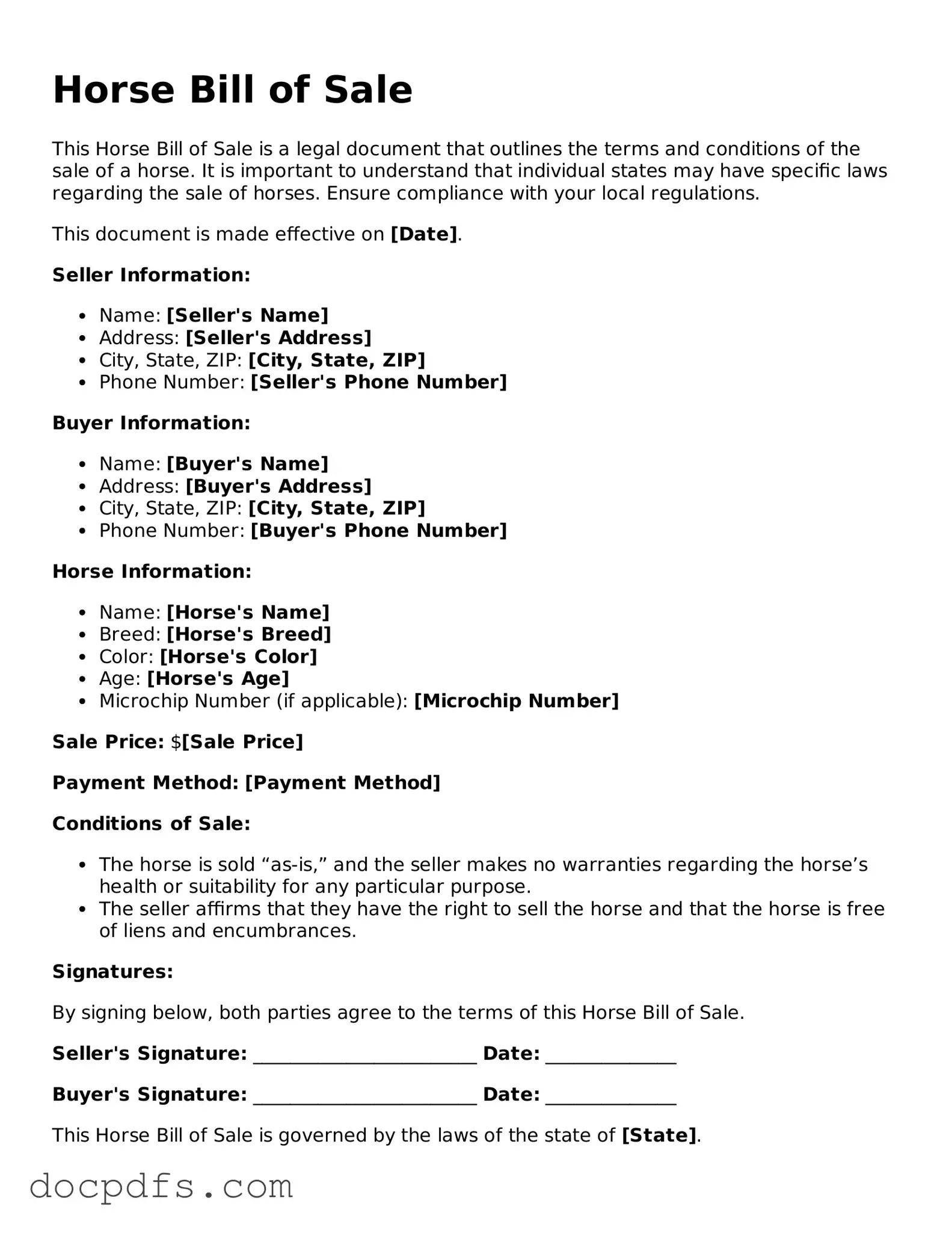 Legal Horse Bill of Sale Document