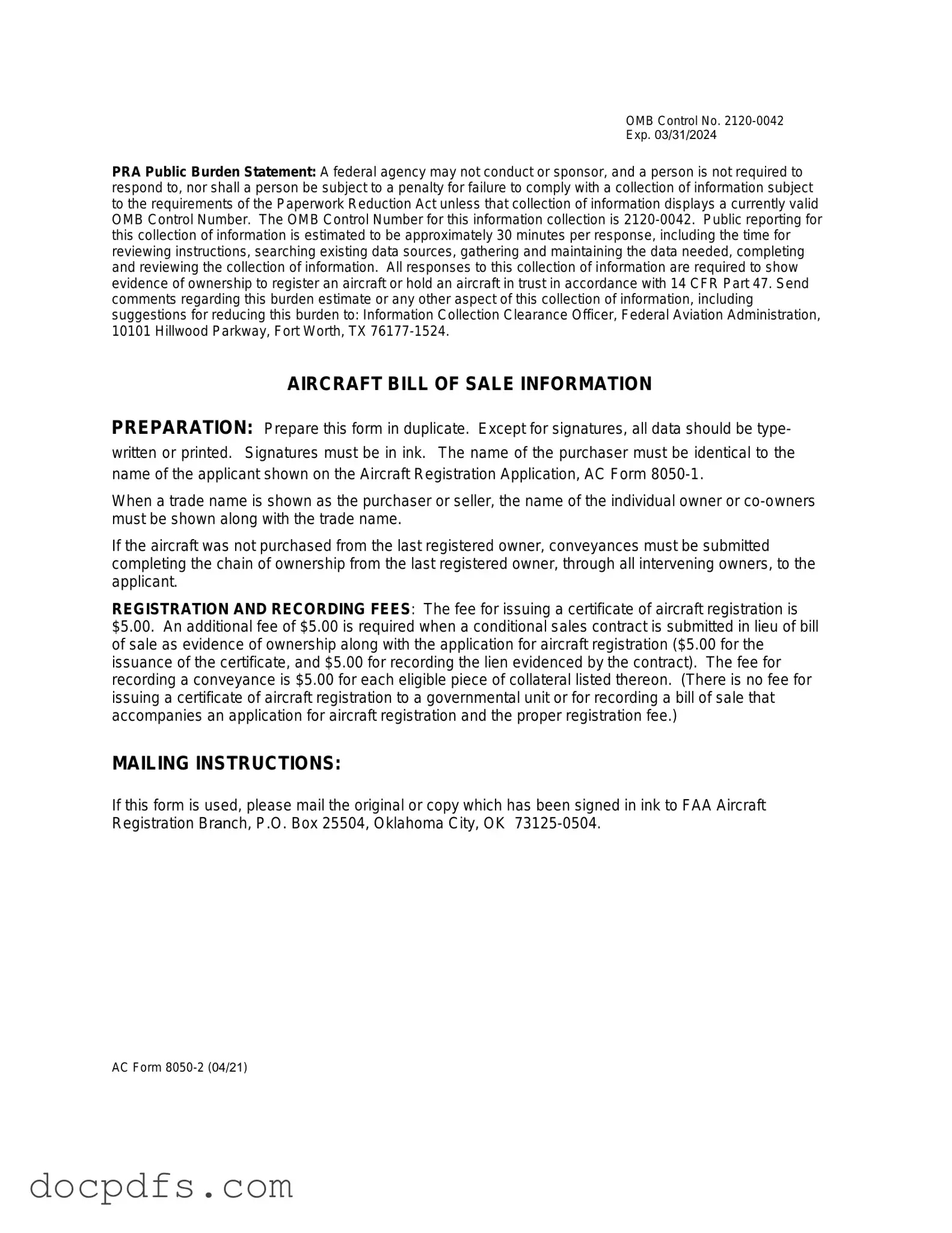 Aircraft Bill of Sale AC 8050-2 Template in PDF