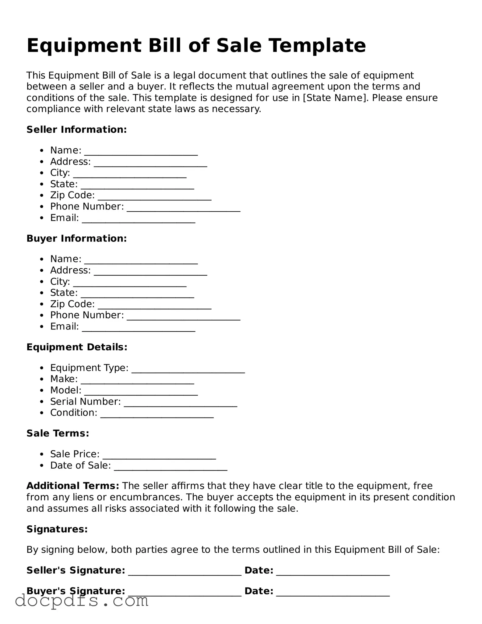 Legal Equipment Bill of Sale Document