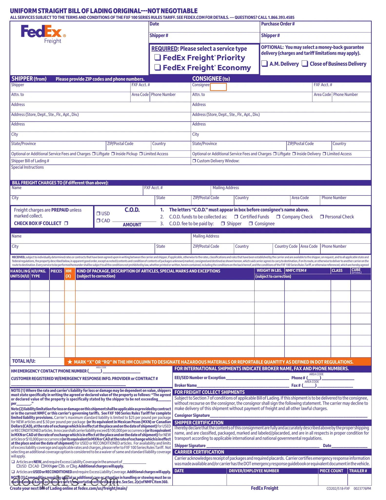 Fedex Bill Of Lading Template in PDF