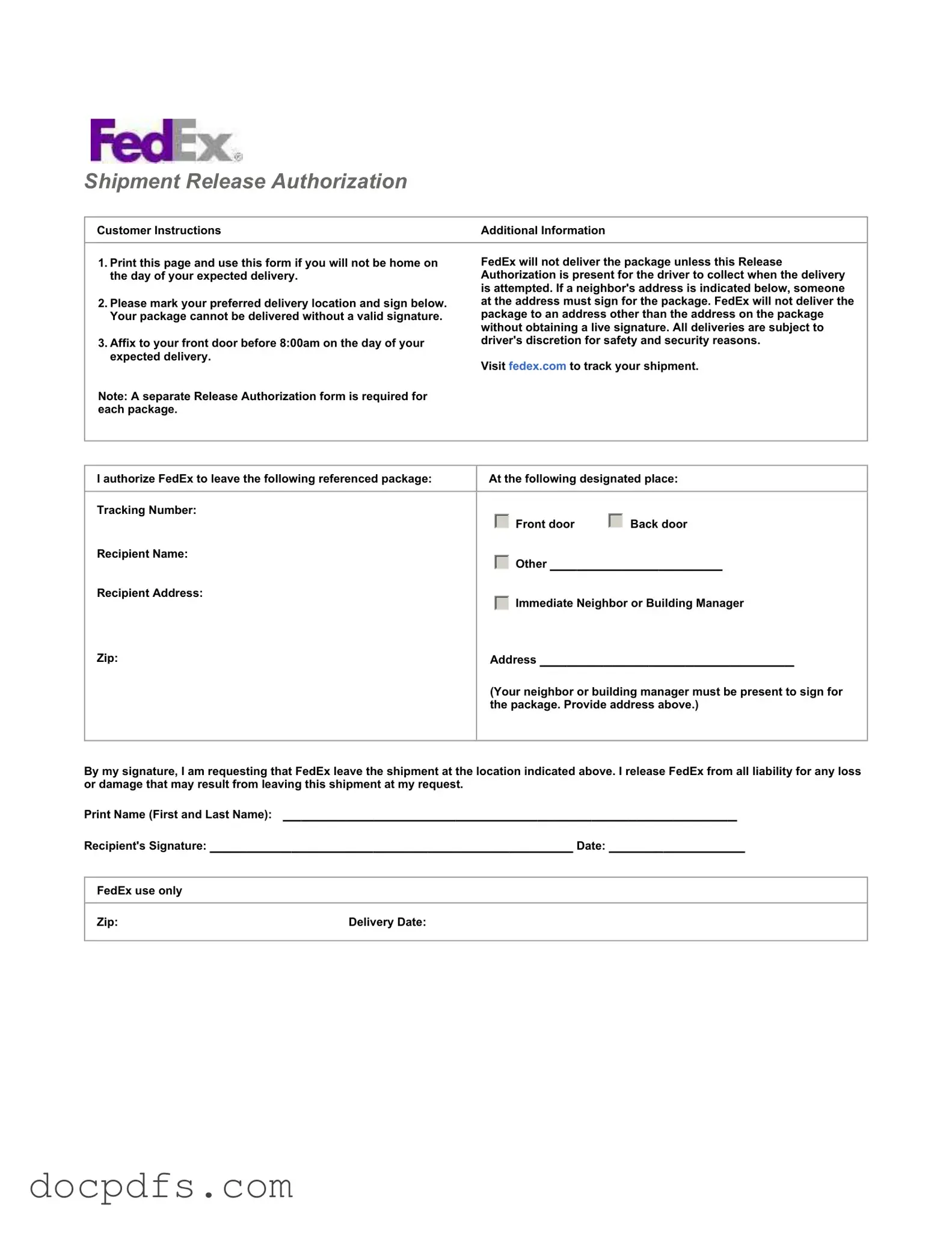 Fedex Release Template in PDF