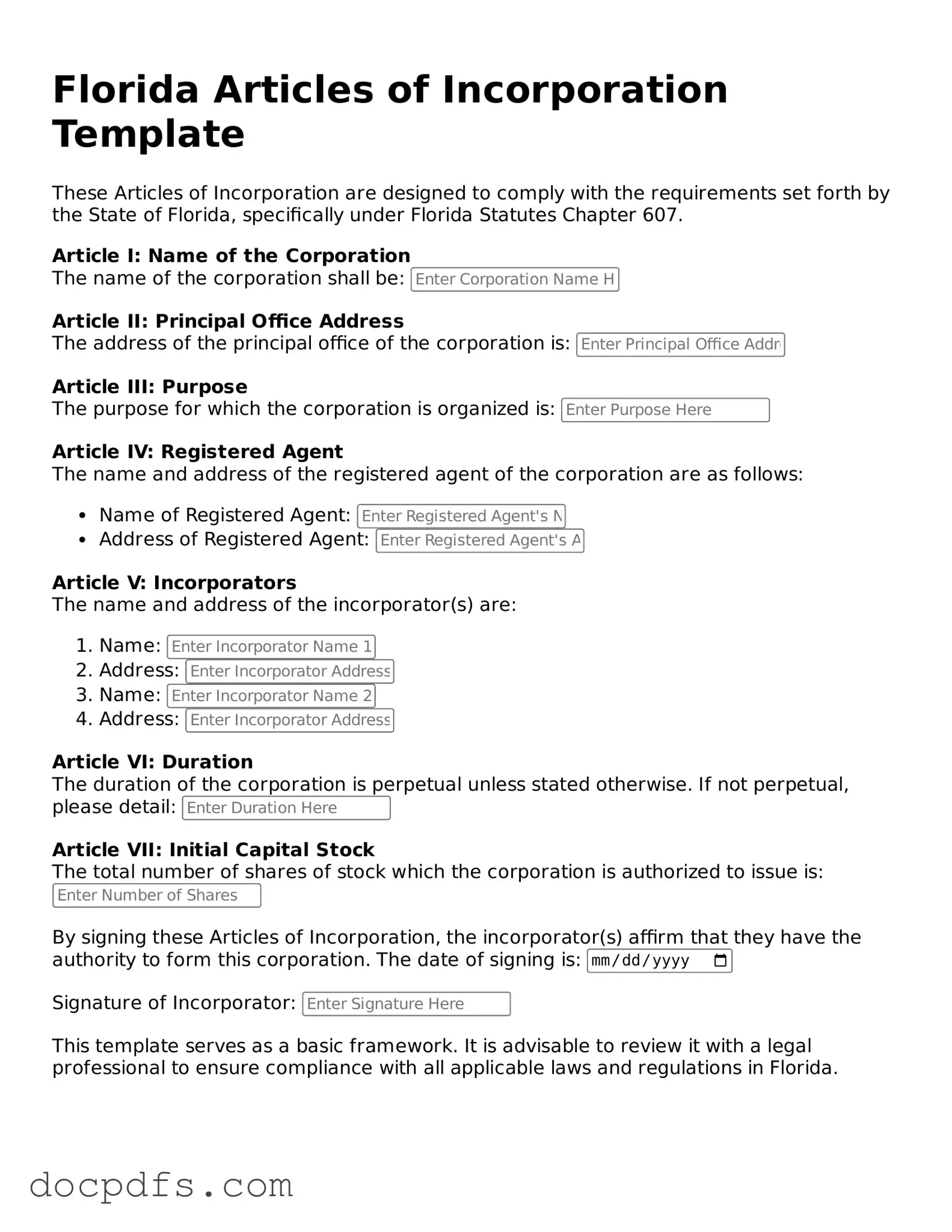 Free Florida Articles of Incorporation Form