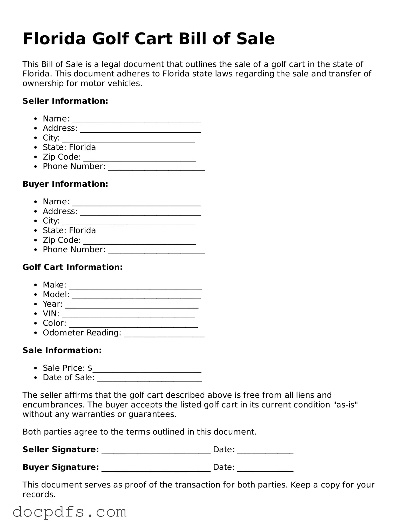 Free Florida Golf Cart Bill of Sale Form
