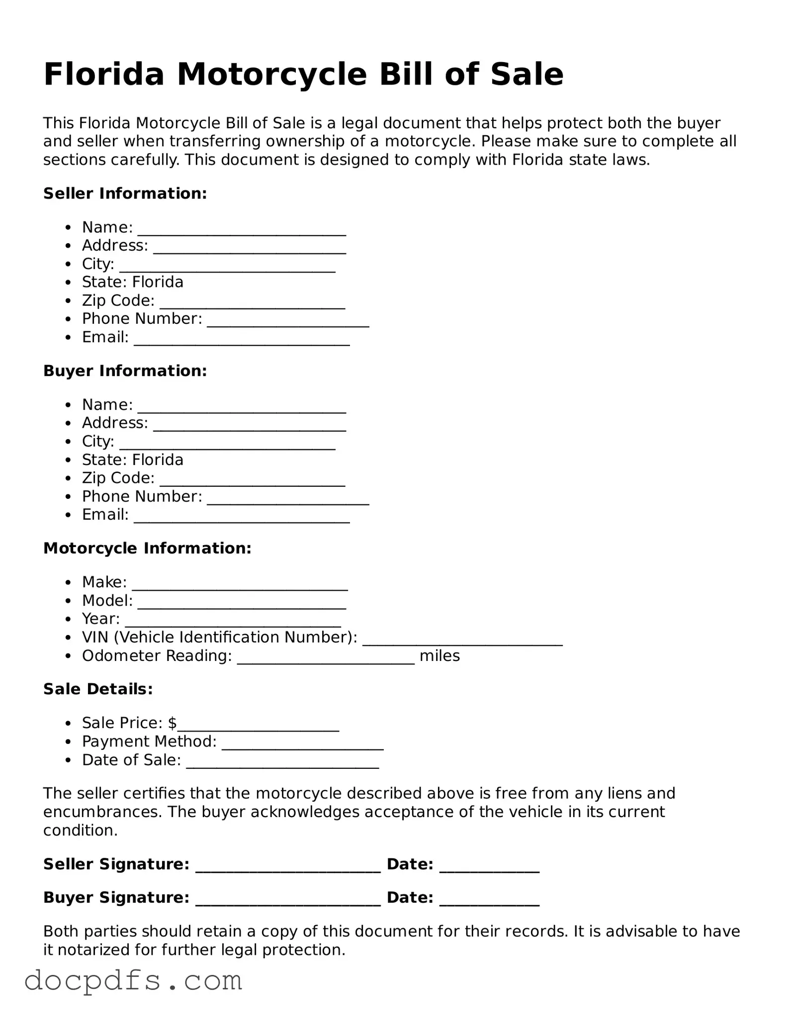 Free Florida Motorcycle Bill of Sale Form