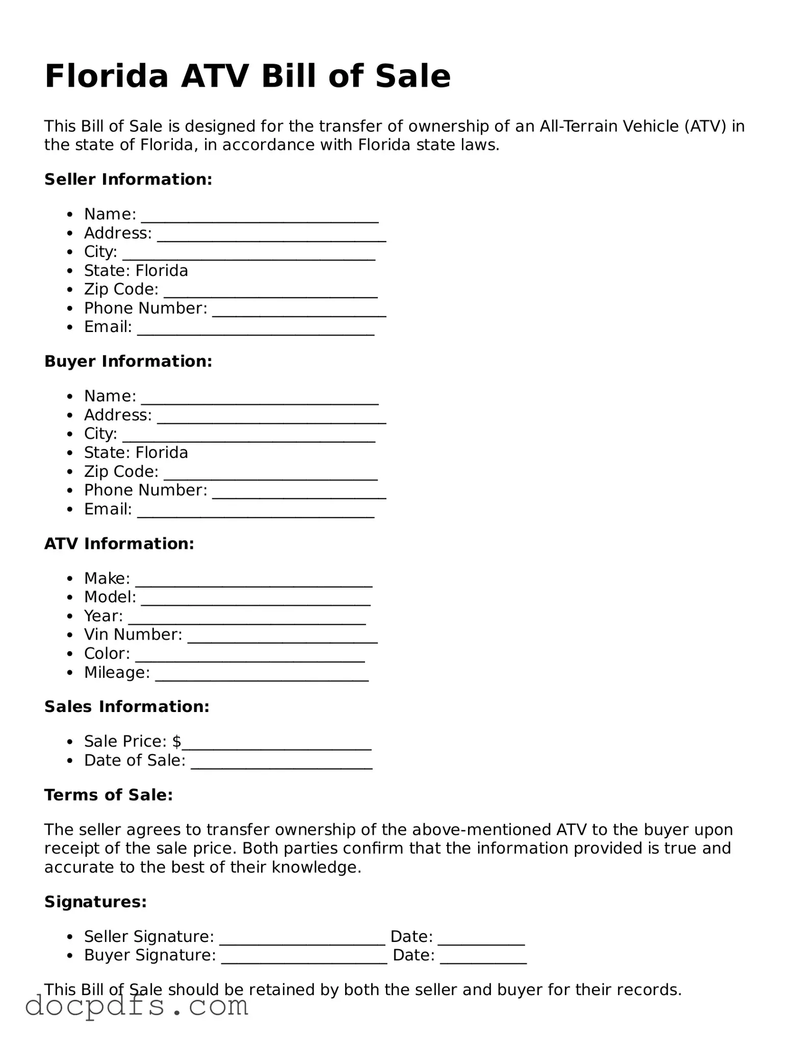 Free Florida ATV Bill of Sale Form
