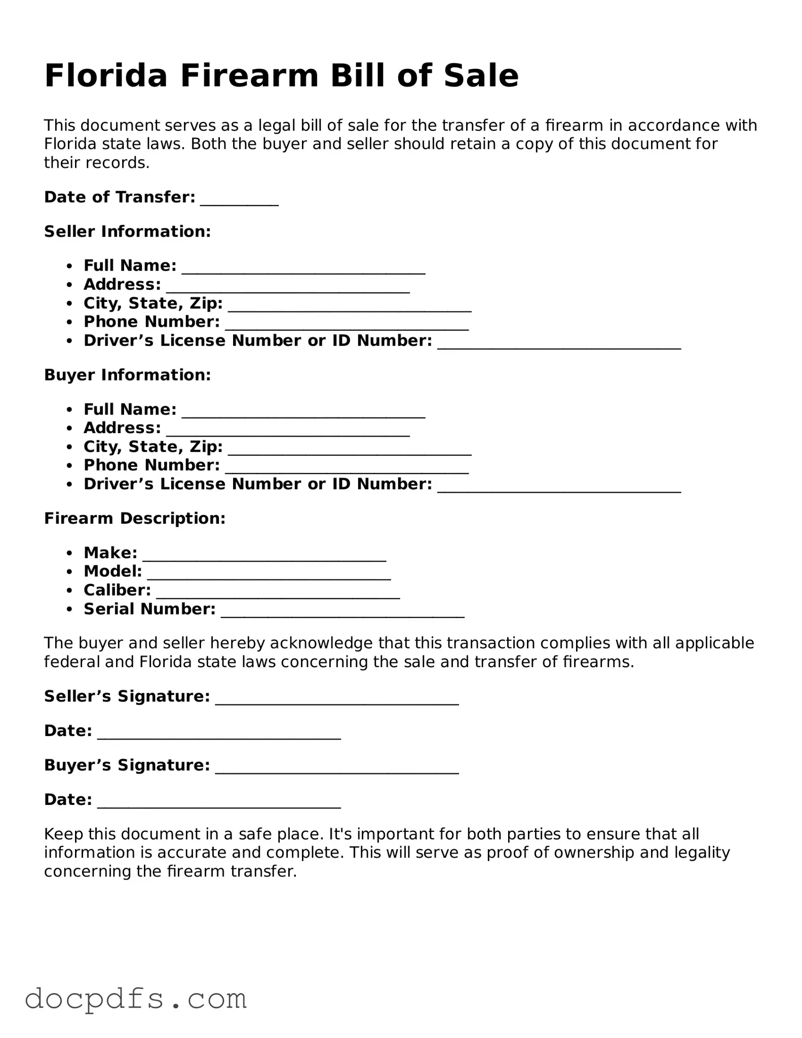 Free Florida Firearm Bill of Sale Form