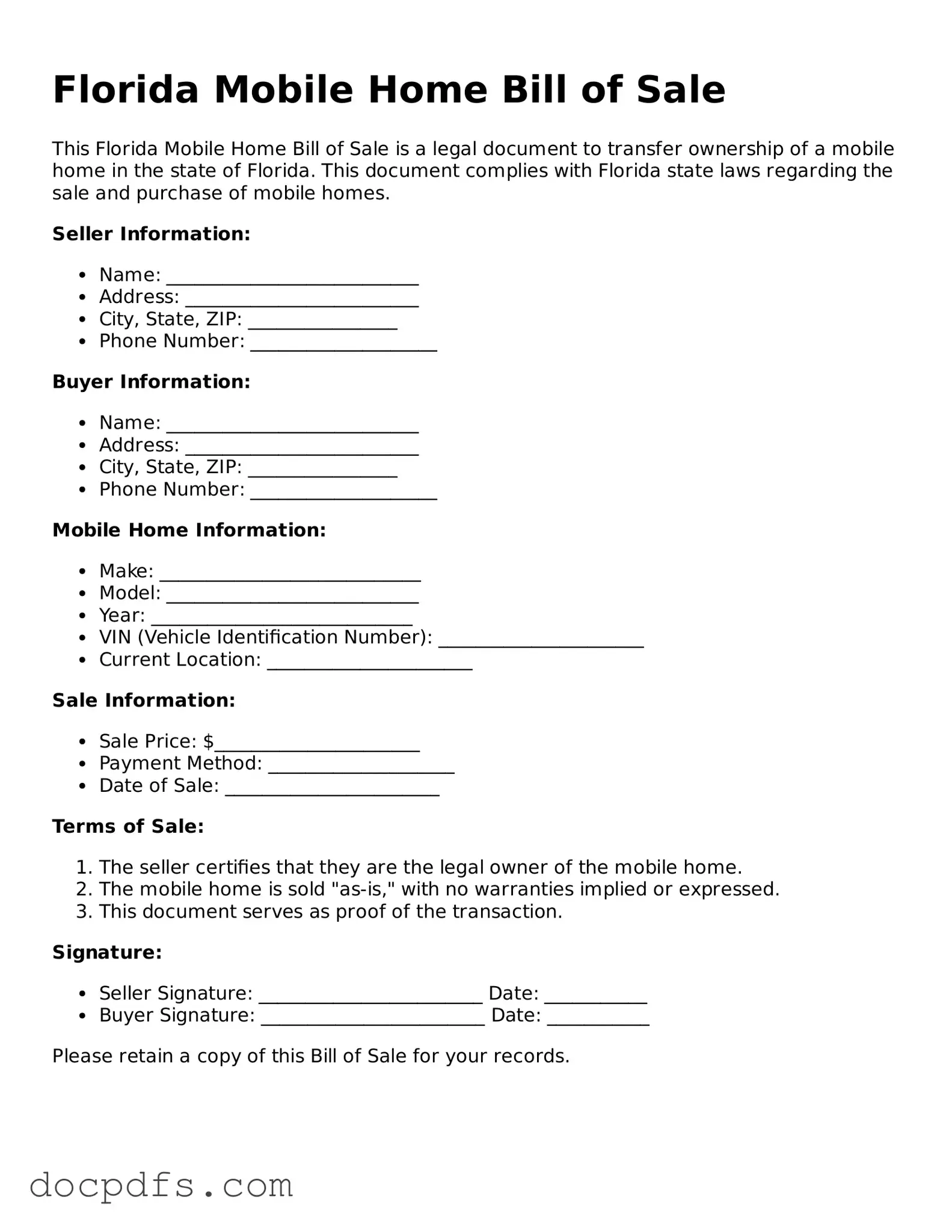 Free Florida Mobile Home Bill of Sale Form