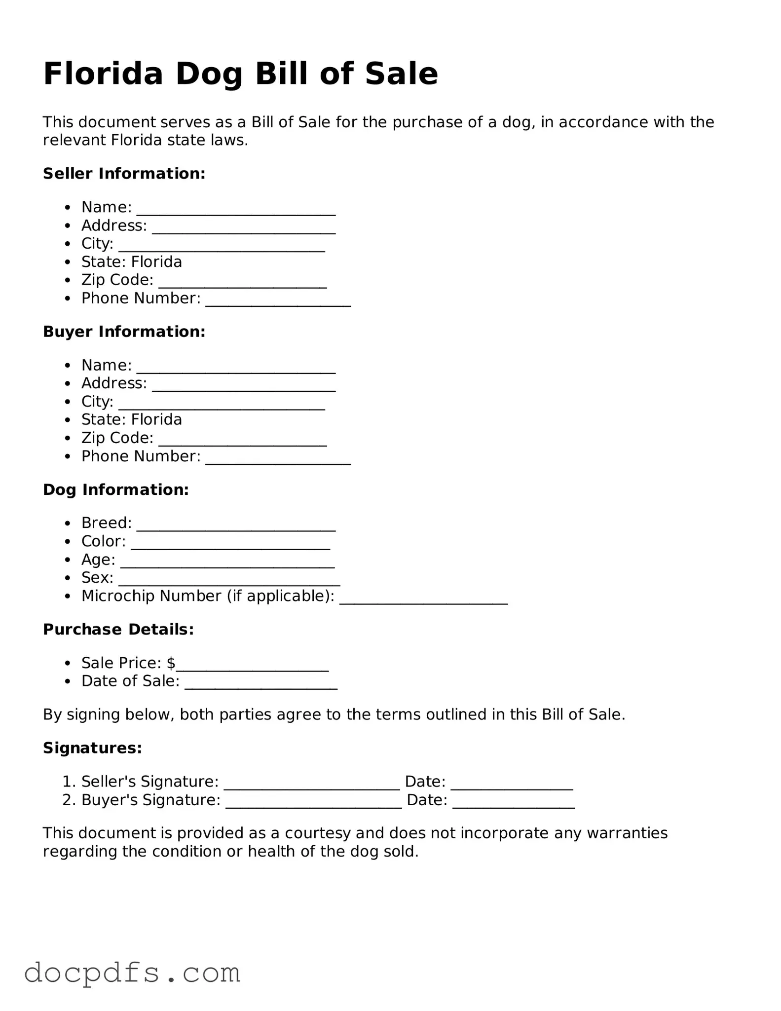 Free Florida Dog Bill of Sale Form