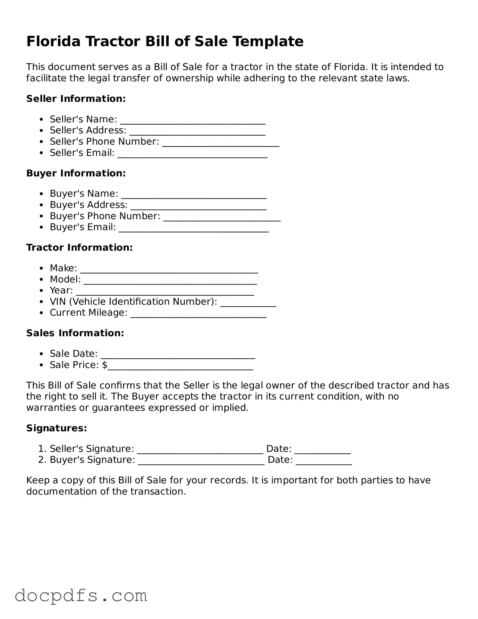 Free Florida Tractor Bill of Sale Form