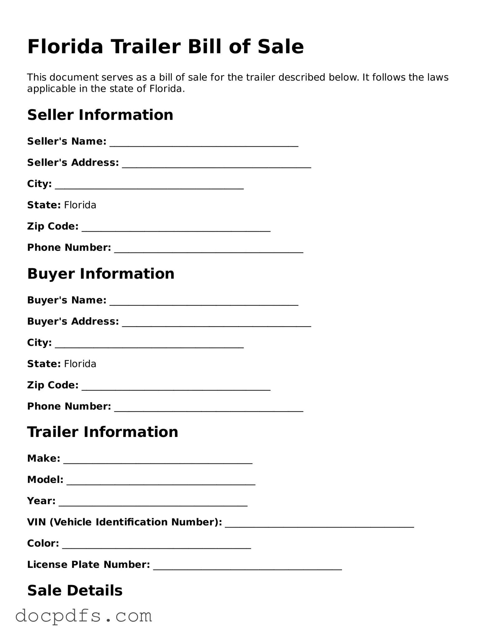 Free Florida Trailer Bill of Sale Form