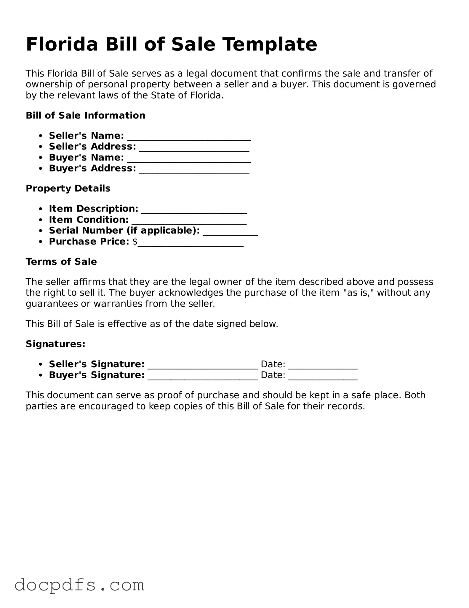 Free Florida Bill of Sale Form