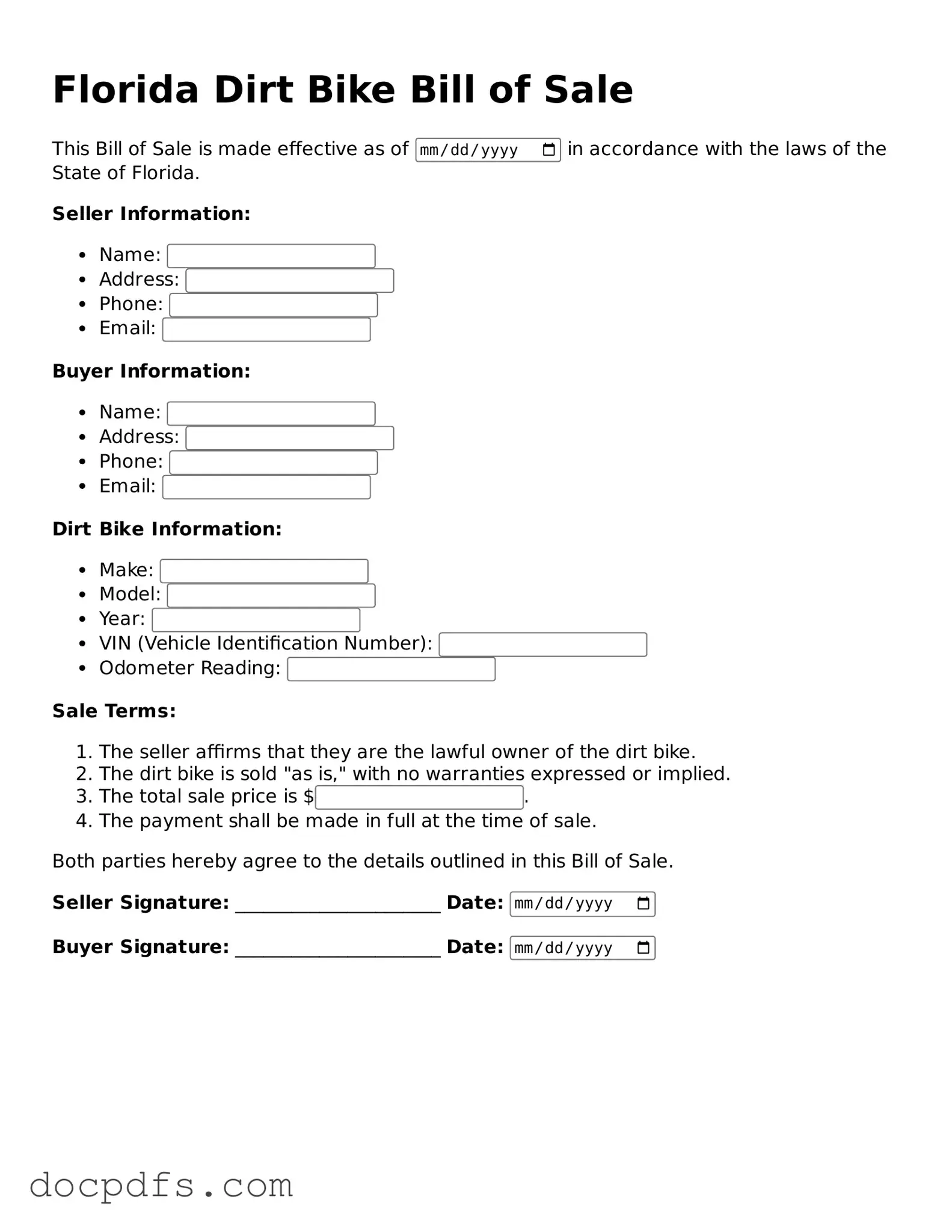 Free Florida Dirt Bike Bill of Sale Form