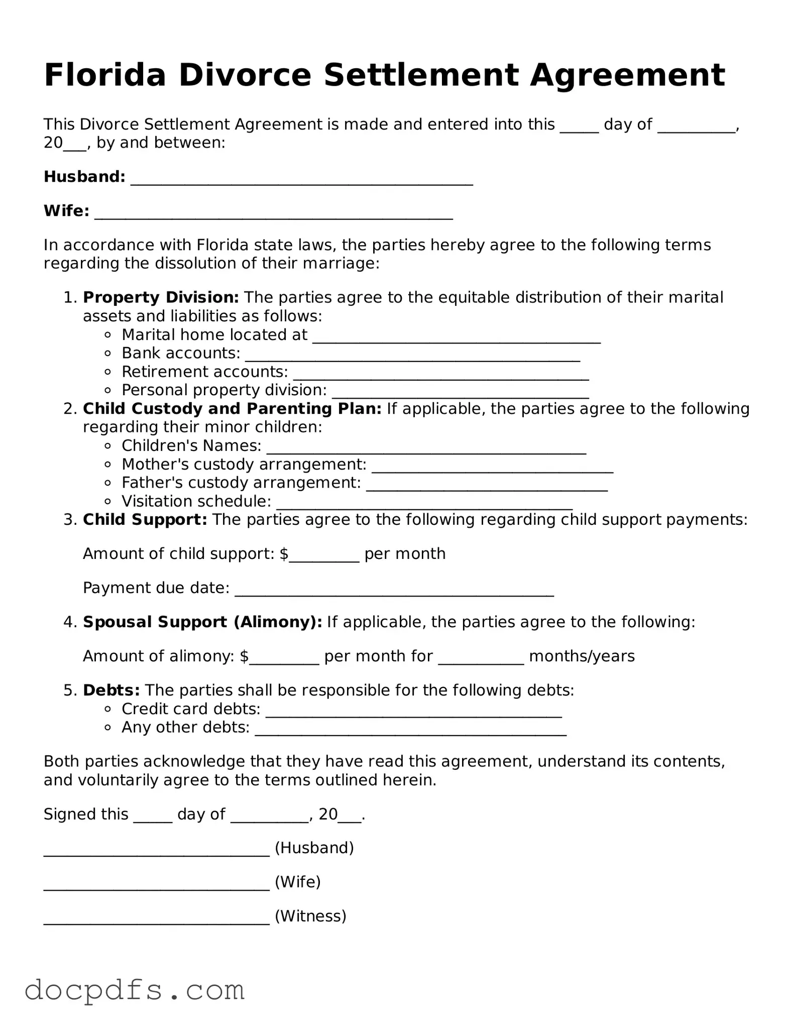 Free Florida Divorce Settlement Agreement Form