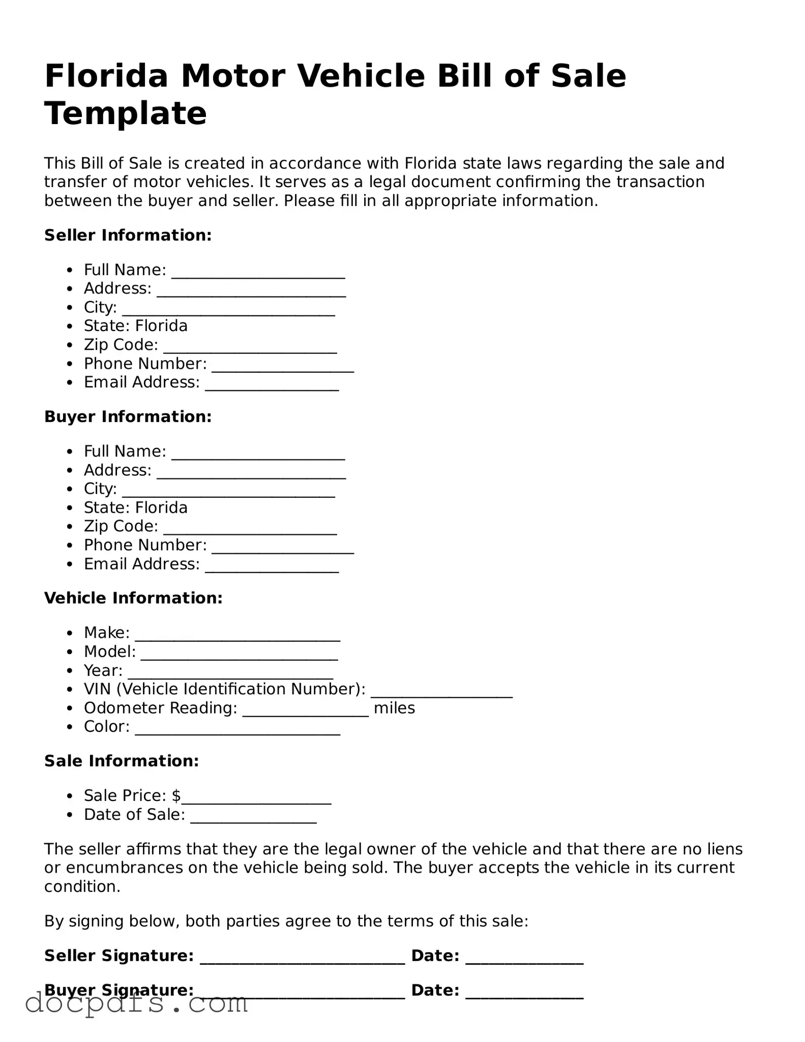 Free Florida Motor Vehicle Bill of Sale Form