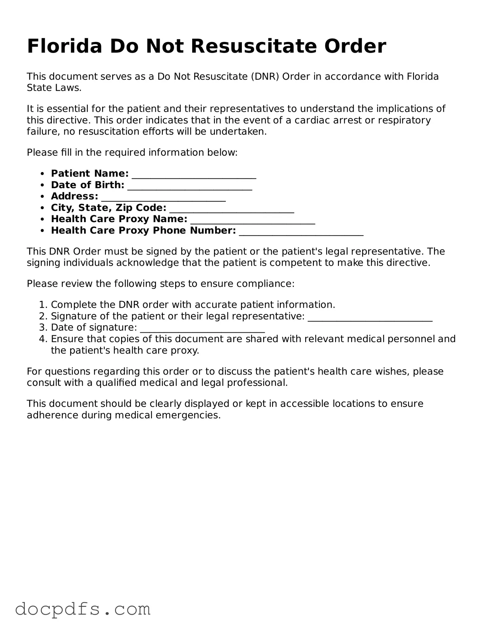 Free Florida Do Not Resuscitate Order Form