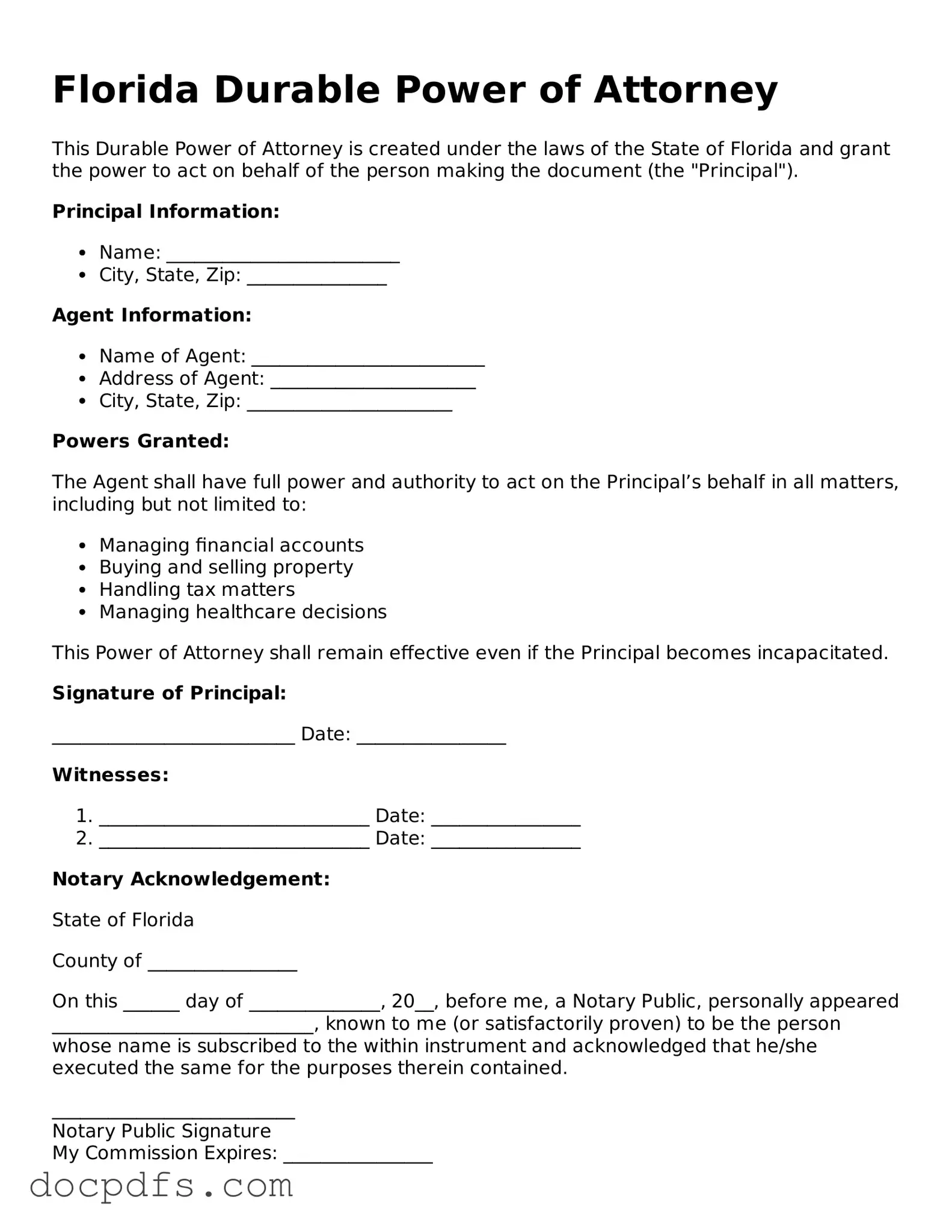 Free Florida Durable Power of Attorney Form