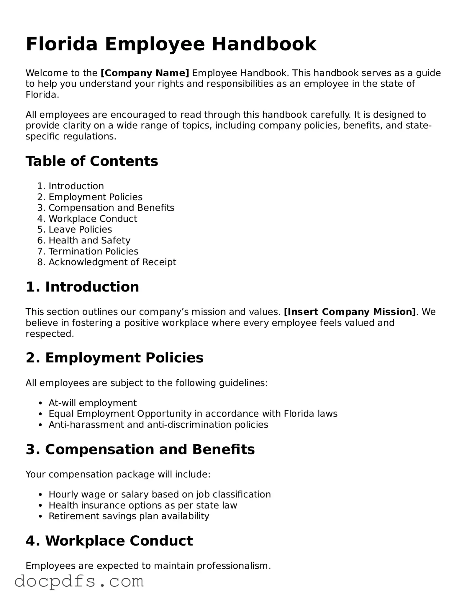 Free Florida Employee Handbook Form