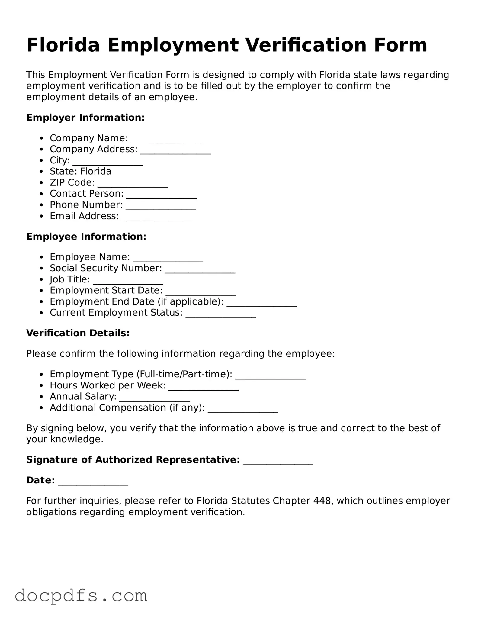 Free Florida Employment Verification Form