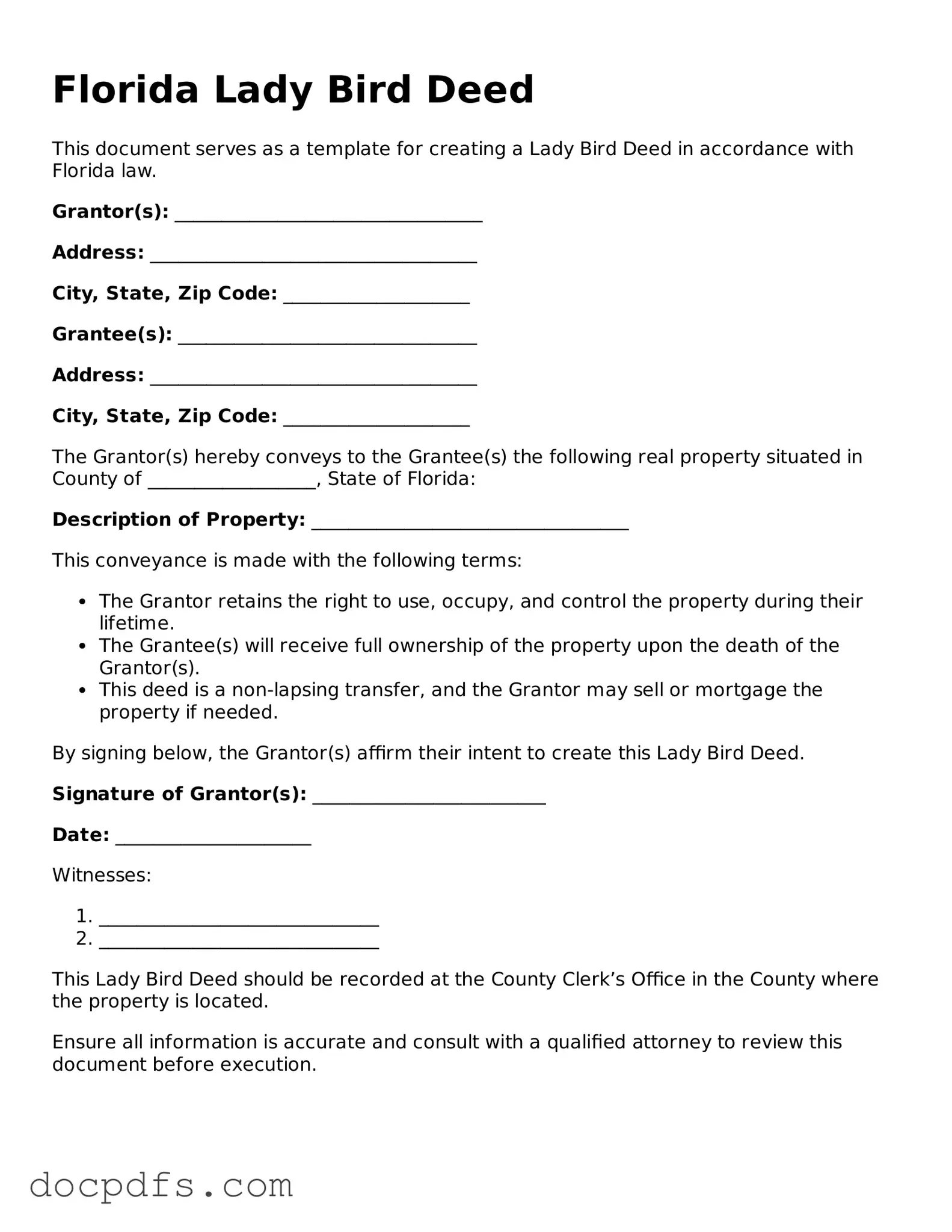 Free Florida Lady Bird Deed Form